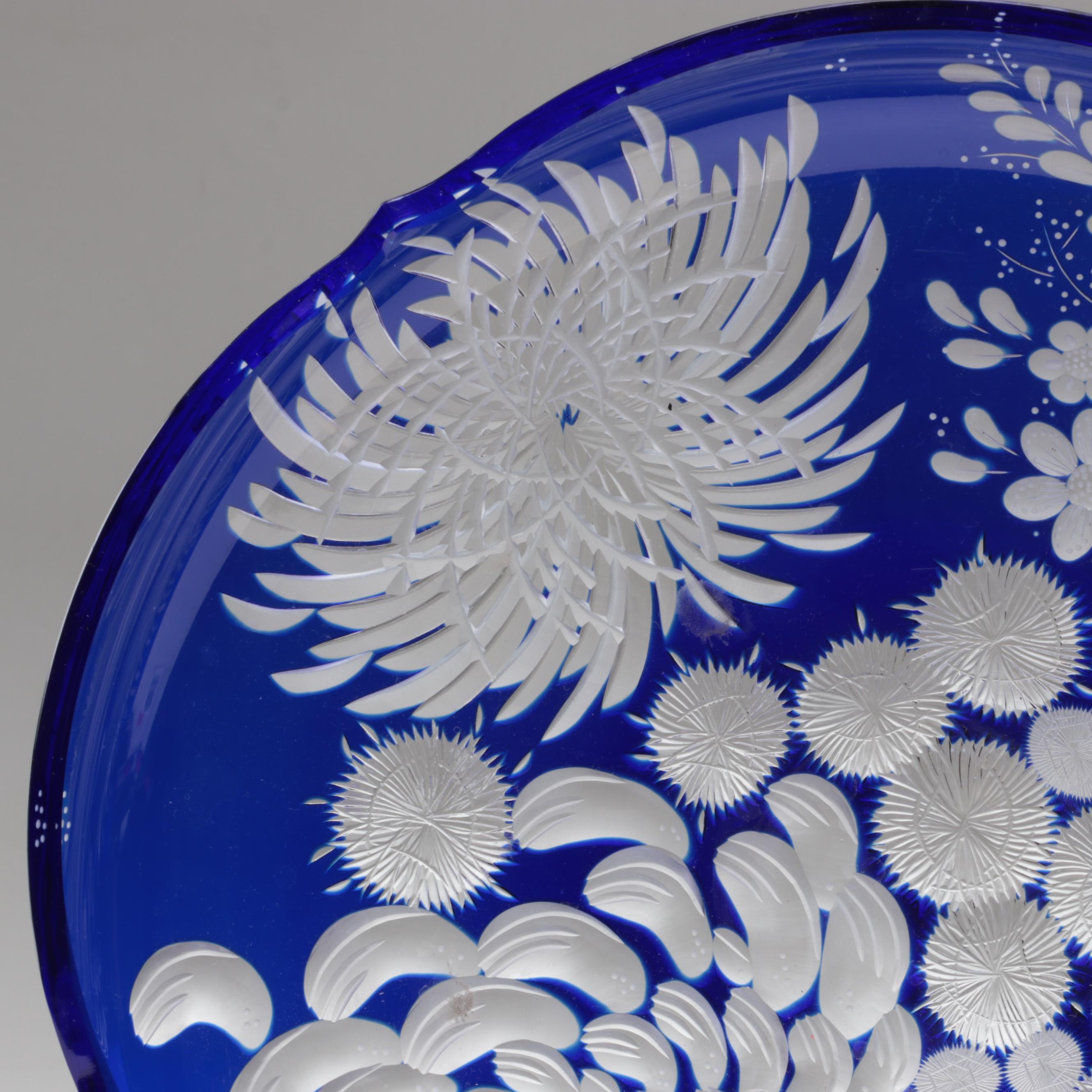 Bohemian Blue Cut and Engraved to Clear Chrysanthemum Motif Czech Crystal Bowls