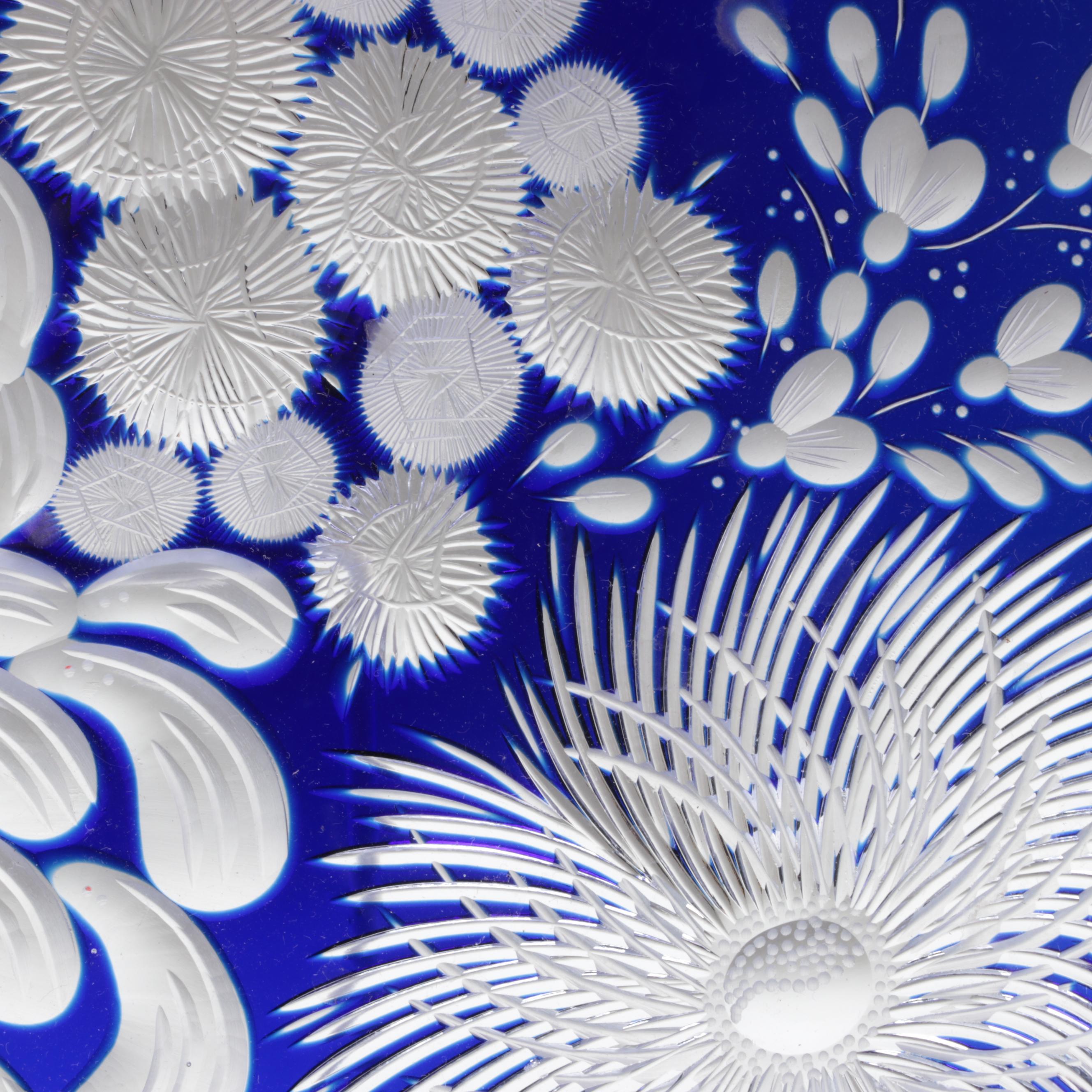 Bohemian Blue Cut and Engraved to Clear Chrysanthemum Motif Czech Crystal Bowls