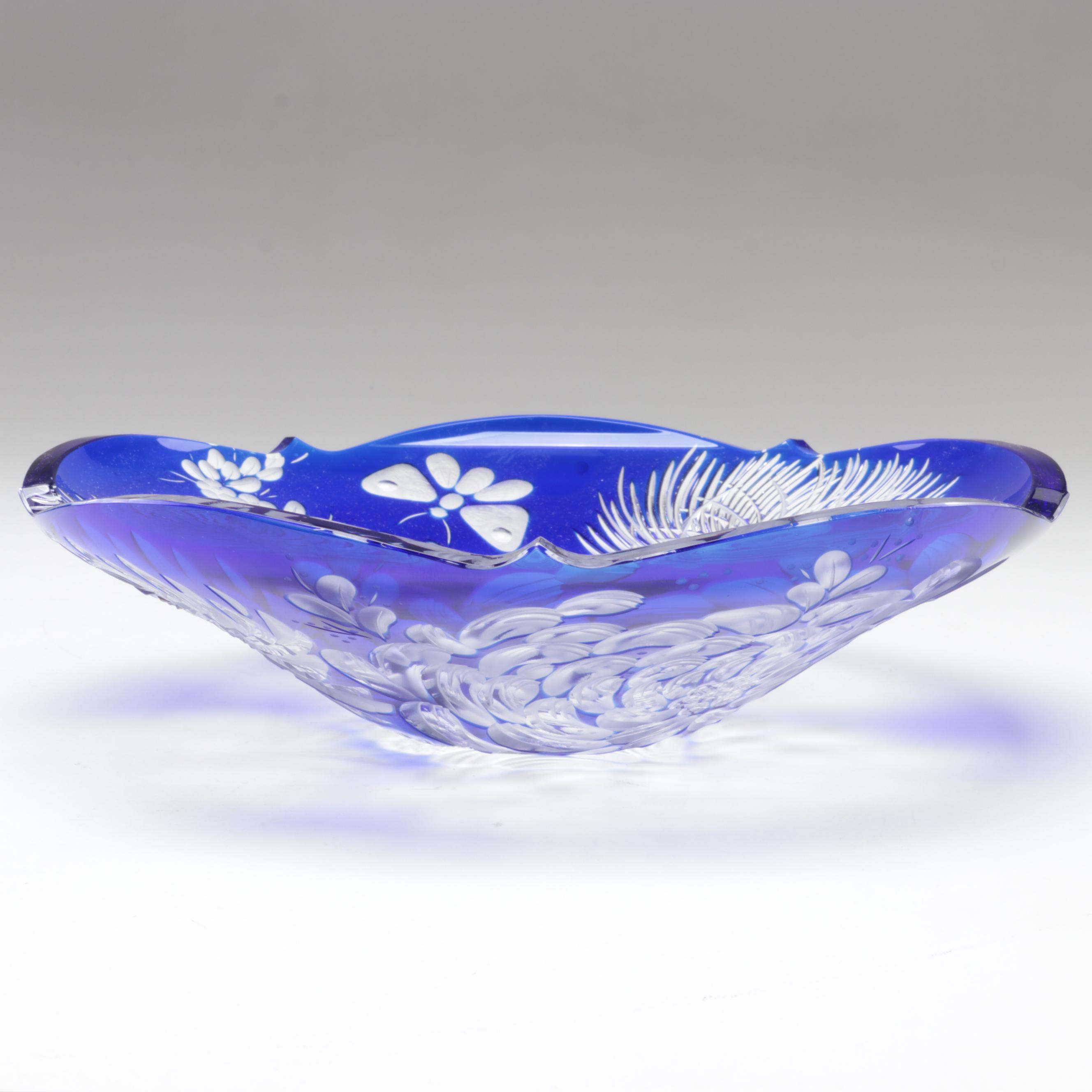 Bohemian Blue Cut and Engraved to Clear Chrysanthemum Motif Czech Crystal Bowls