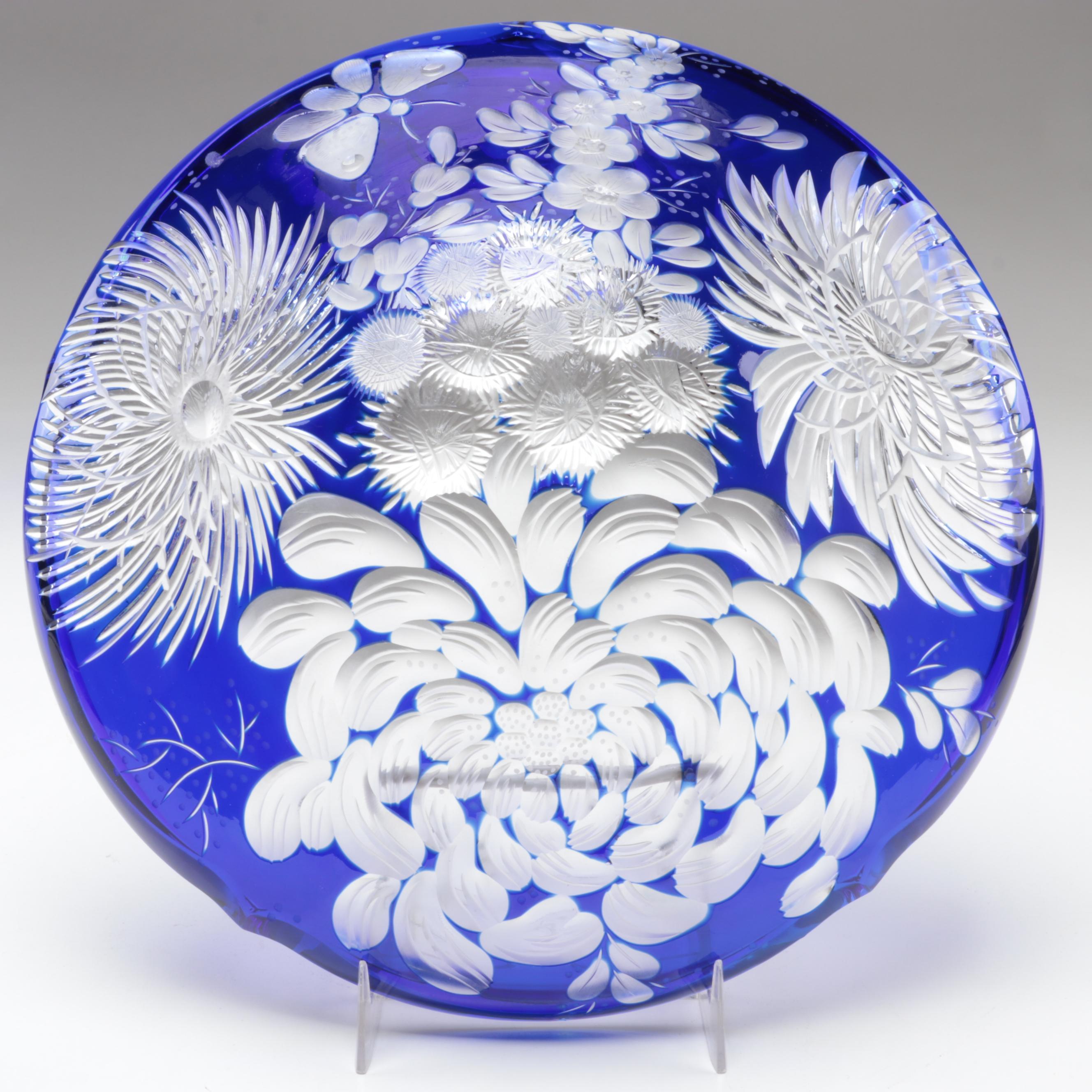 Bohemian Blue Cut and Engraved to Clear Chrysanthemum Motif Czech Crystal Bowls