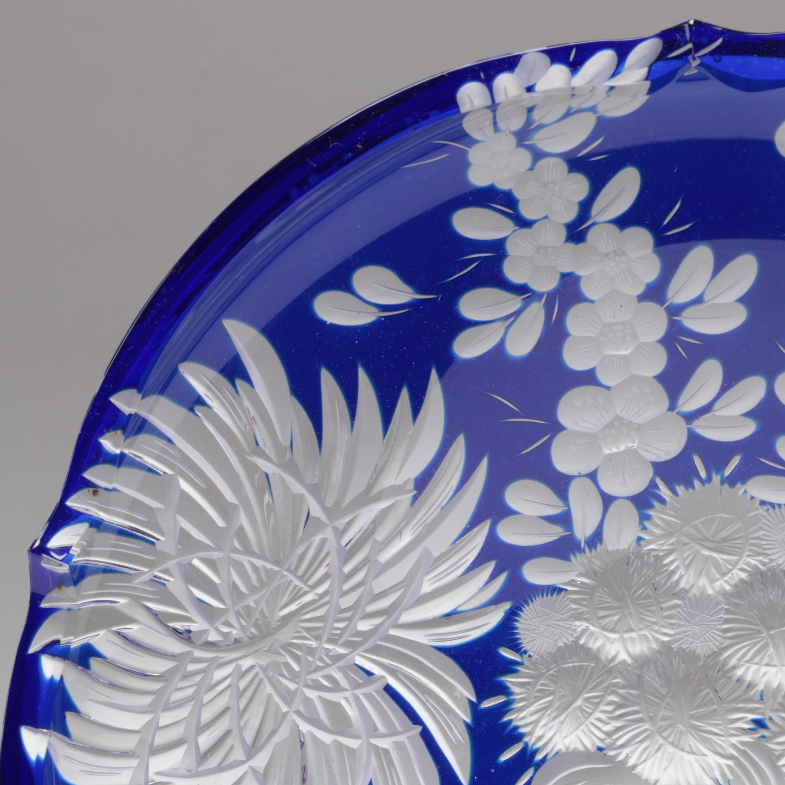 Bohemian Blue Cut and Engraved to Clear Chrysanthemum Motif Czech Crystal Bowls