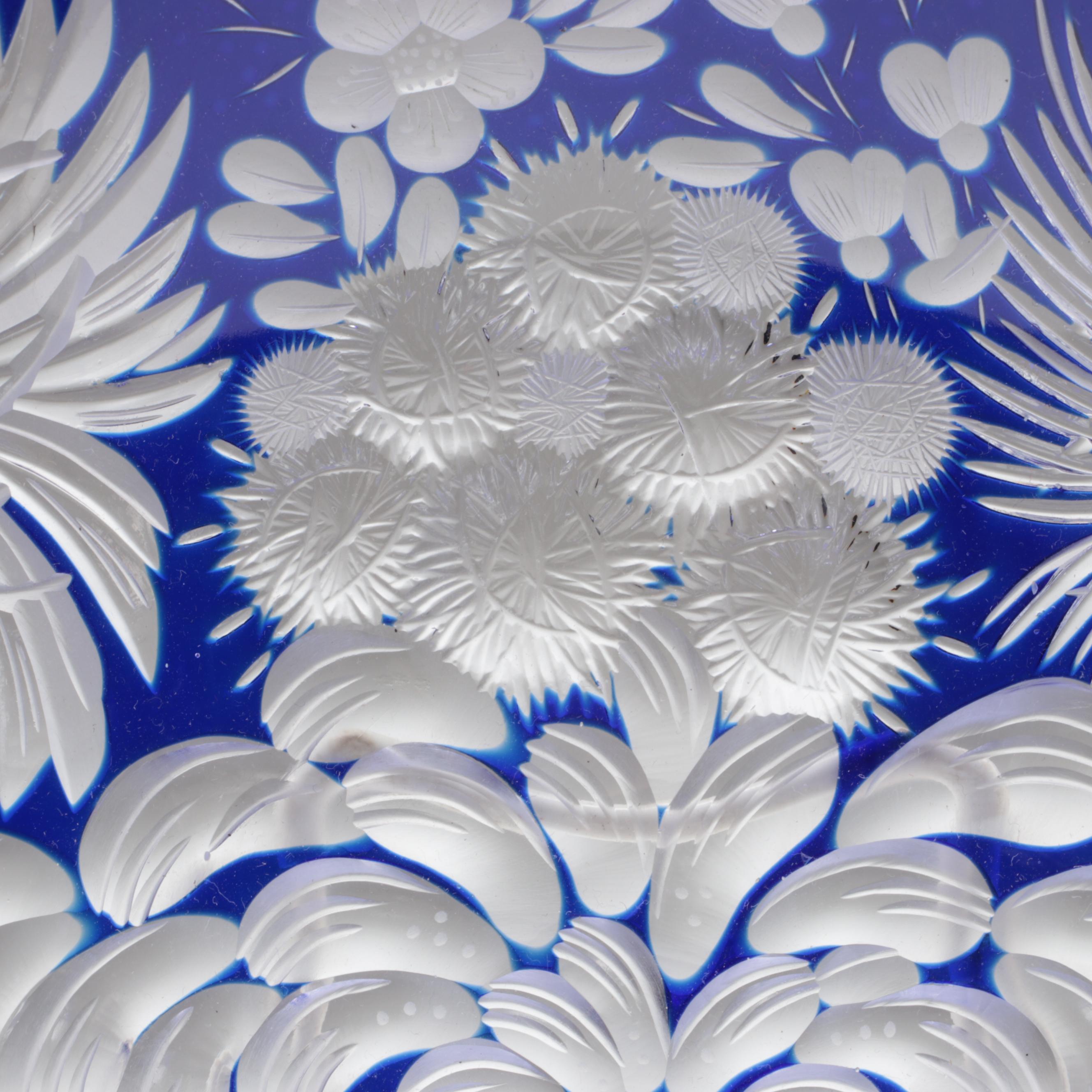 Bohemian Blue Cut and Engraved to Clear Chrysanthemum Motif Czech Crystal Bowls