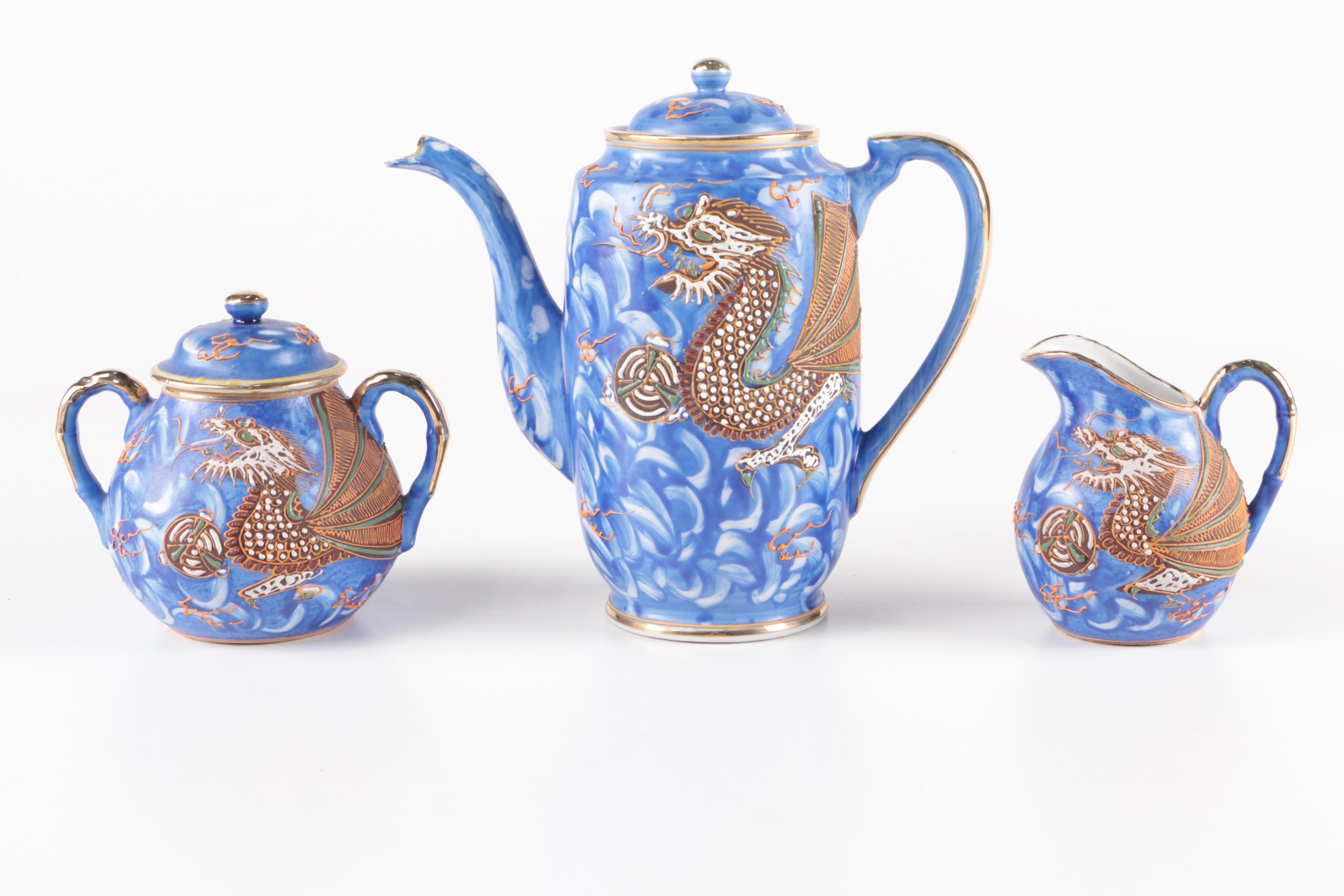 Torii Japanese Blue Dragonware Tea Set and Plates, Mid to Late 20th Century