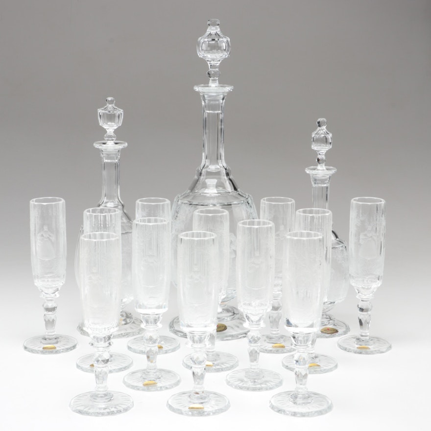 Moser "Maria Theresa" Cut and Engraved Crystal Champagne Flutes and Decanters
