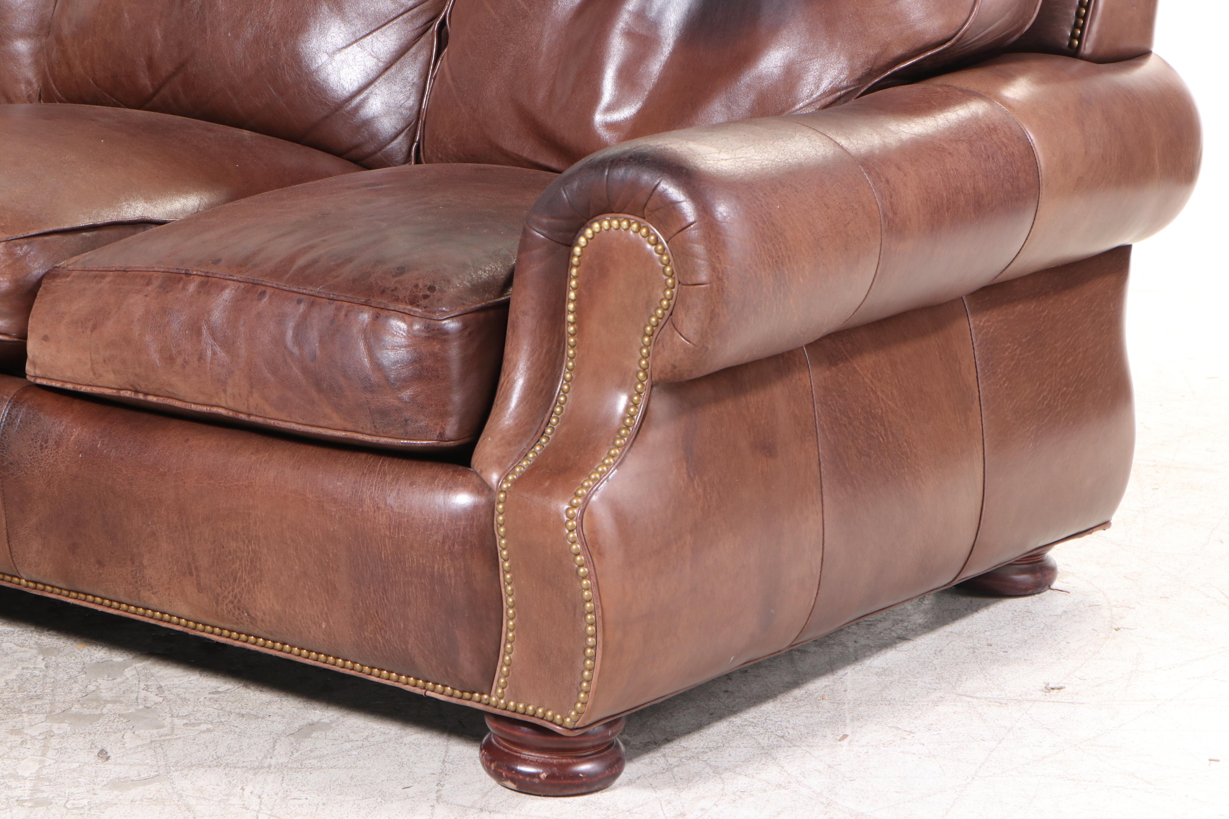 Hancock & Moore Brown Leather Roll-Arm Sofa with Nailhead Trim