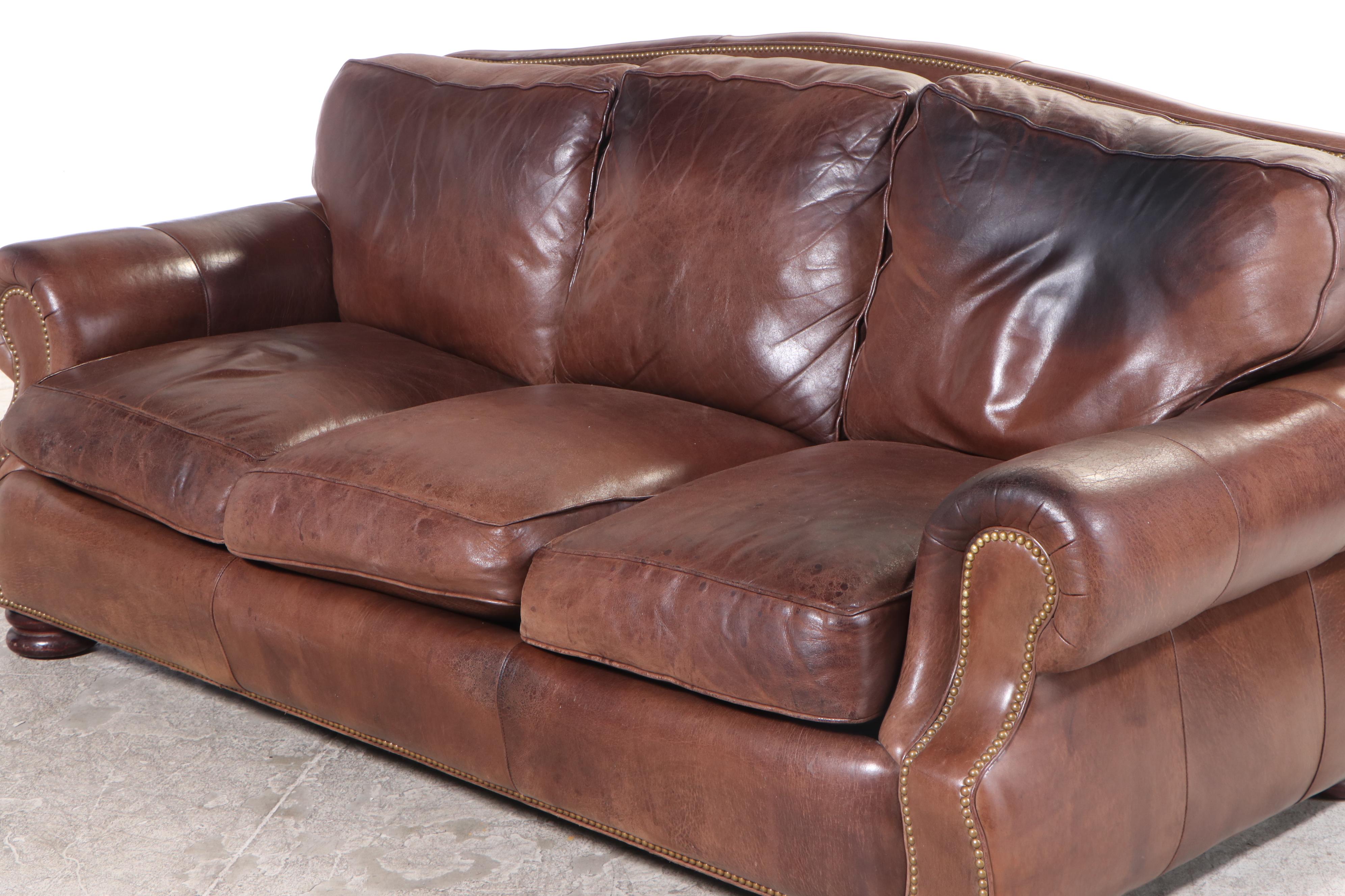 Hancock & Moore Brown Leather Roll-Arm Sofa with Nailhead Trim