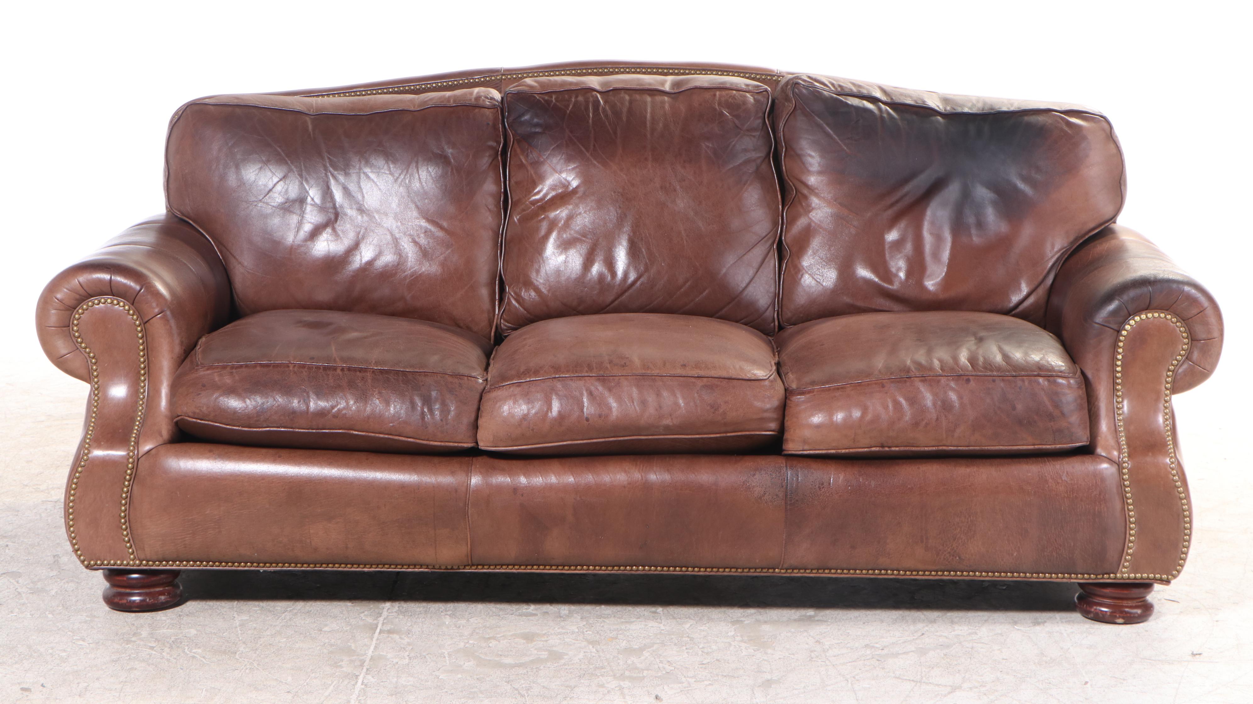 Hancock & Moore Brown Leather Roll-Arm Sofa with Nailhead Trim