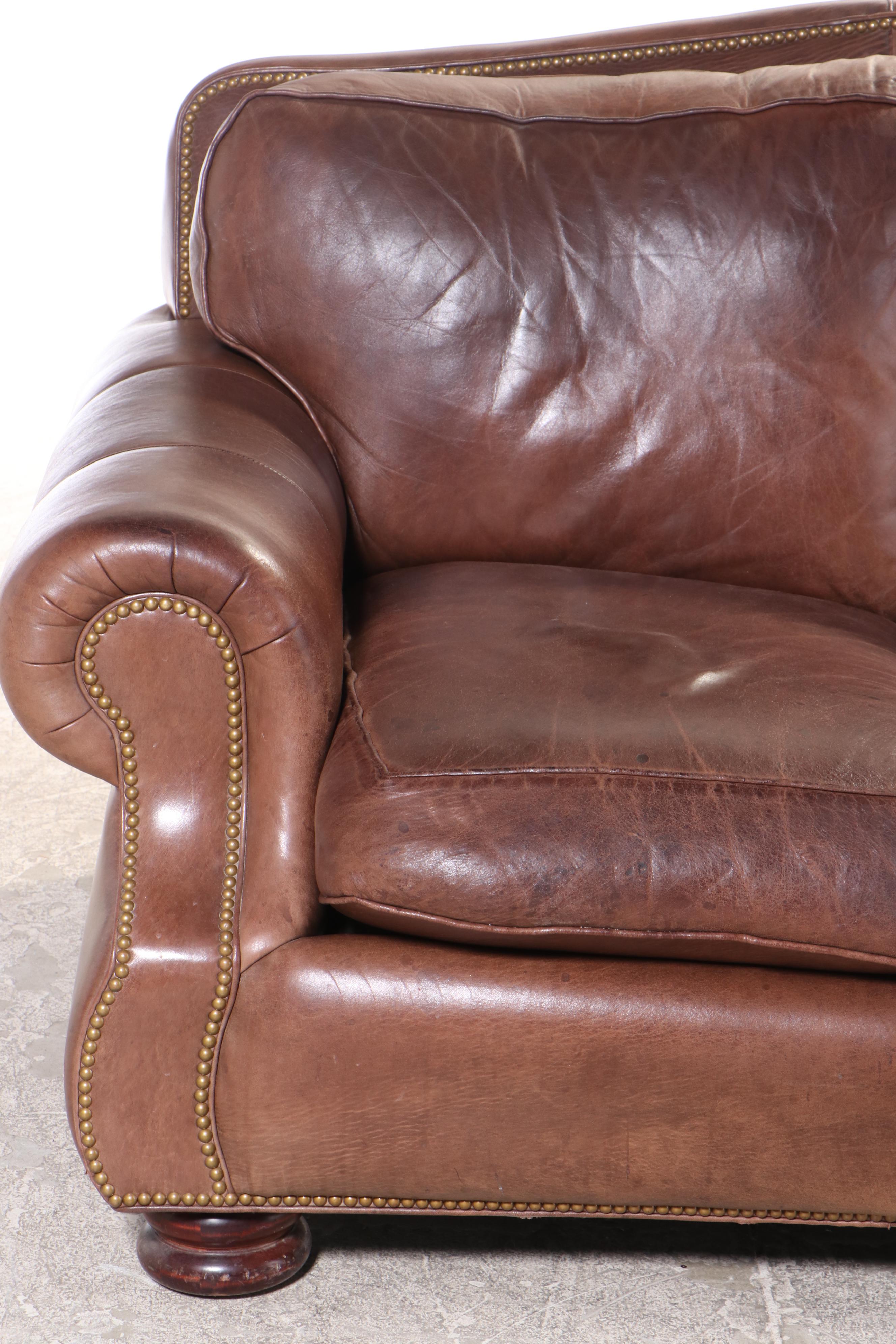 Hancock & Moore Brown Leather Roll-Arm Sofa with Nailhead Trim