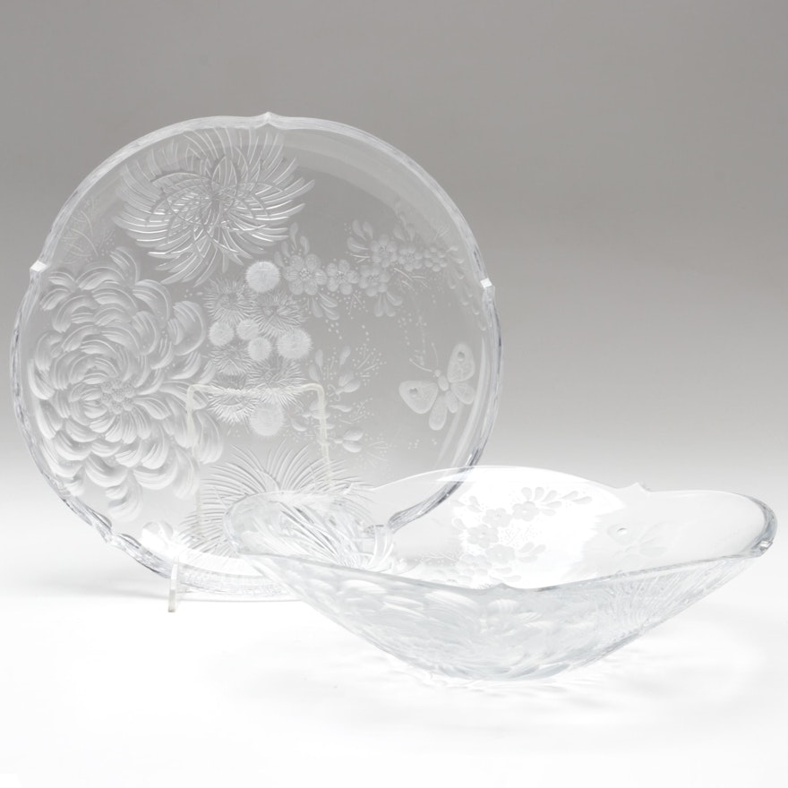 Bohemian Czech Cut Glass Floral Motif Bowl and Plate