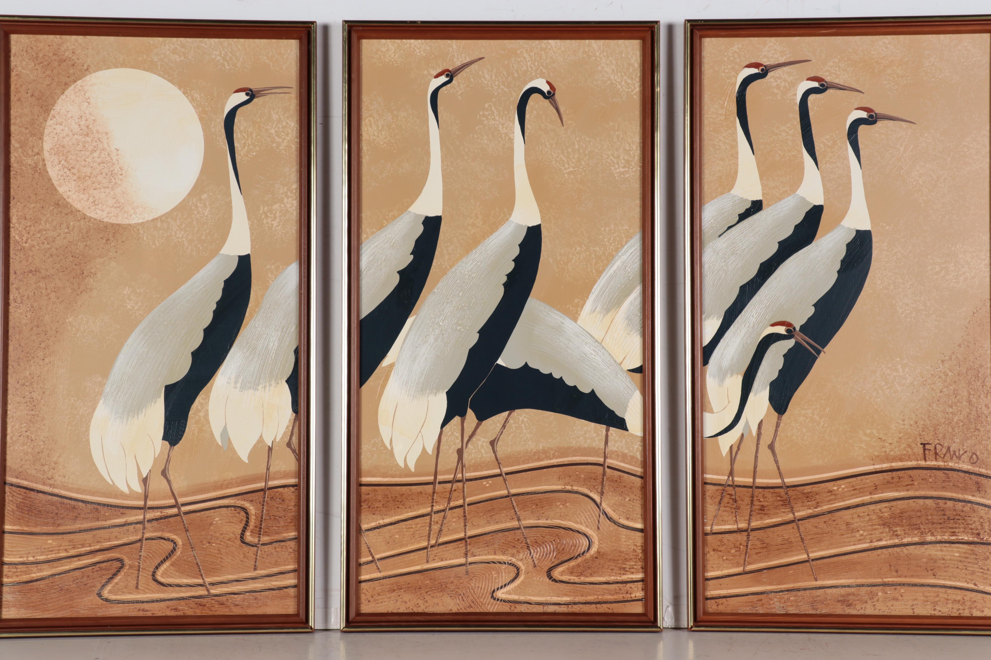 Artmaster Studios Embellished Serigraph Triptych of Cranes