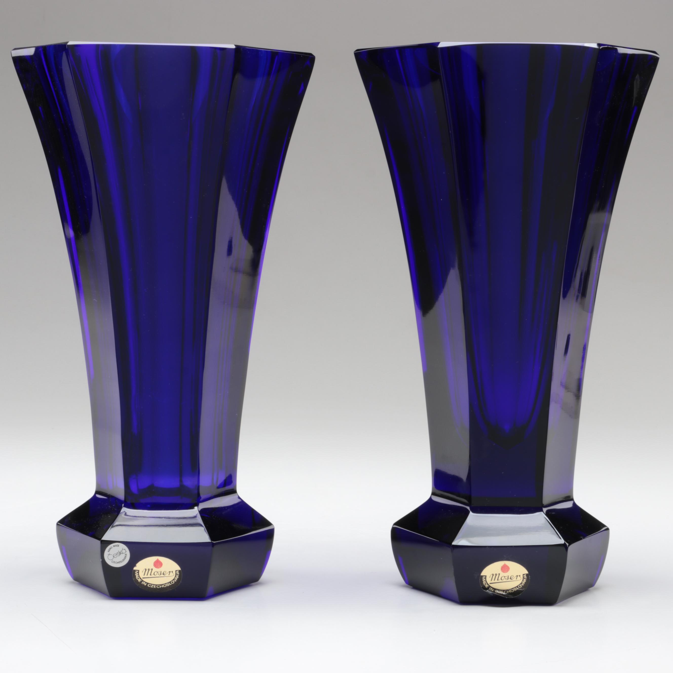 Moser "Unity" Faceted Cut Cobalt Glass Vases