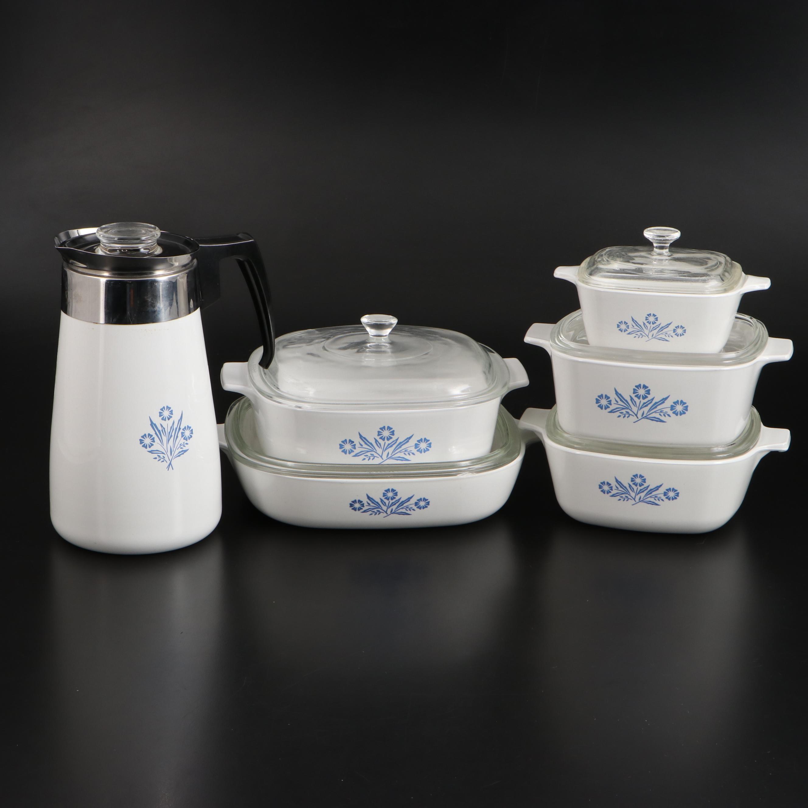 Corning Ware "Cornflower Blue" Casserole Dishes, Petite Pan, and Percolator