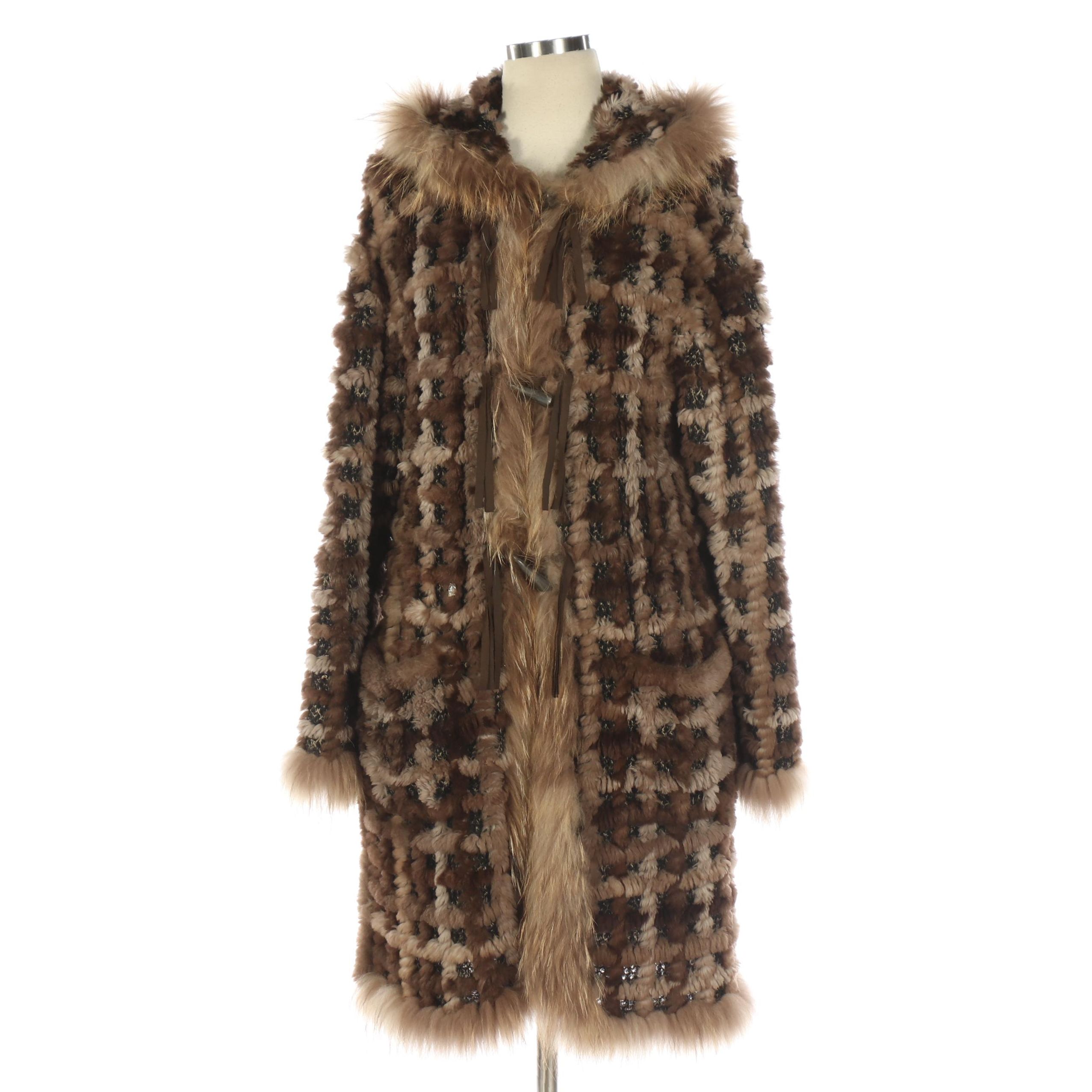 Byte Giuliana Teso Sheared Beaver Fur Knit Coat with Finn Raccoon Fur Trim