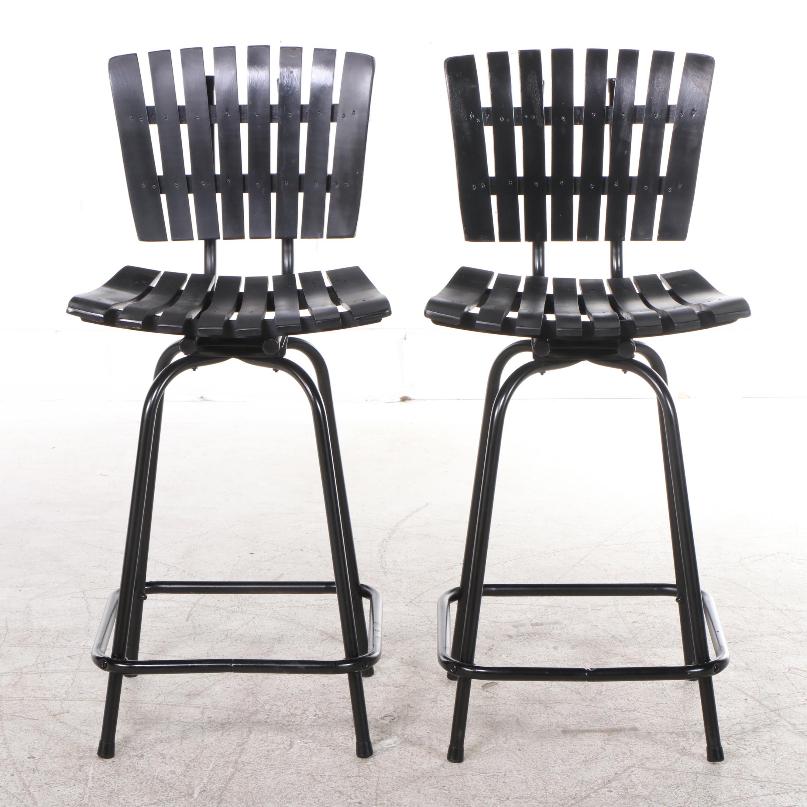 Pair of Modernist Style Slatted Metal Swivel Seat Counter-Height Barstools