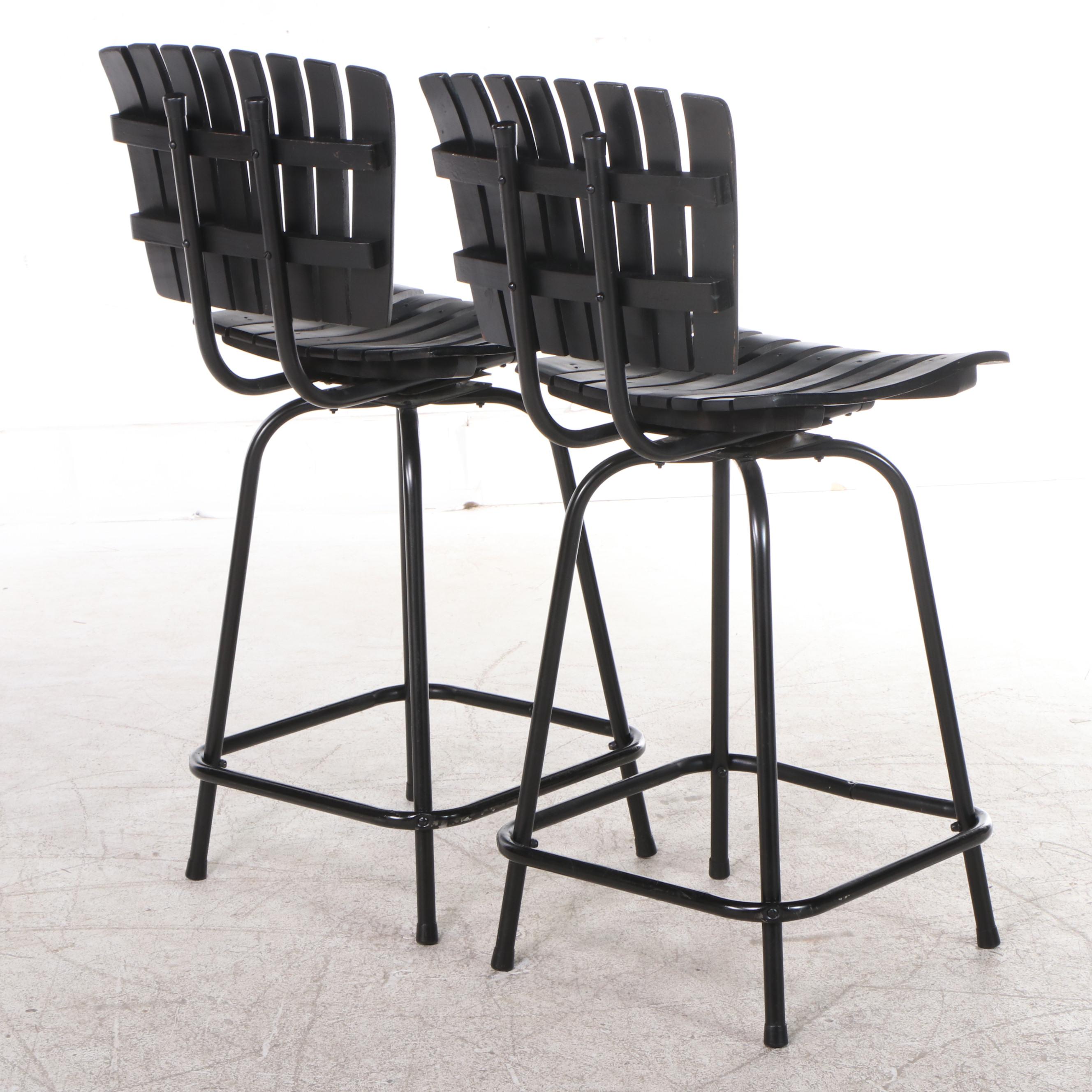 Pair of Modernist Style Slatted Metal Swivel Seat Counter-Height Barstools