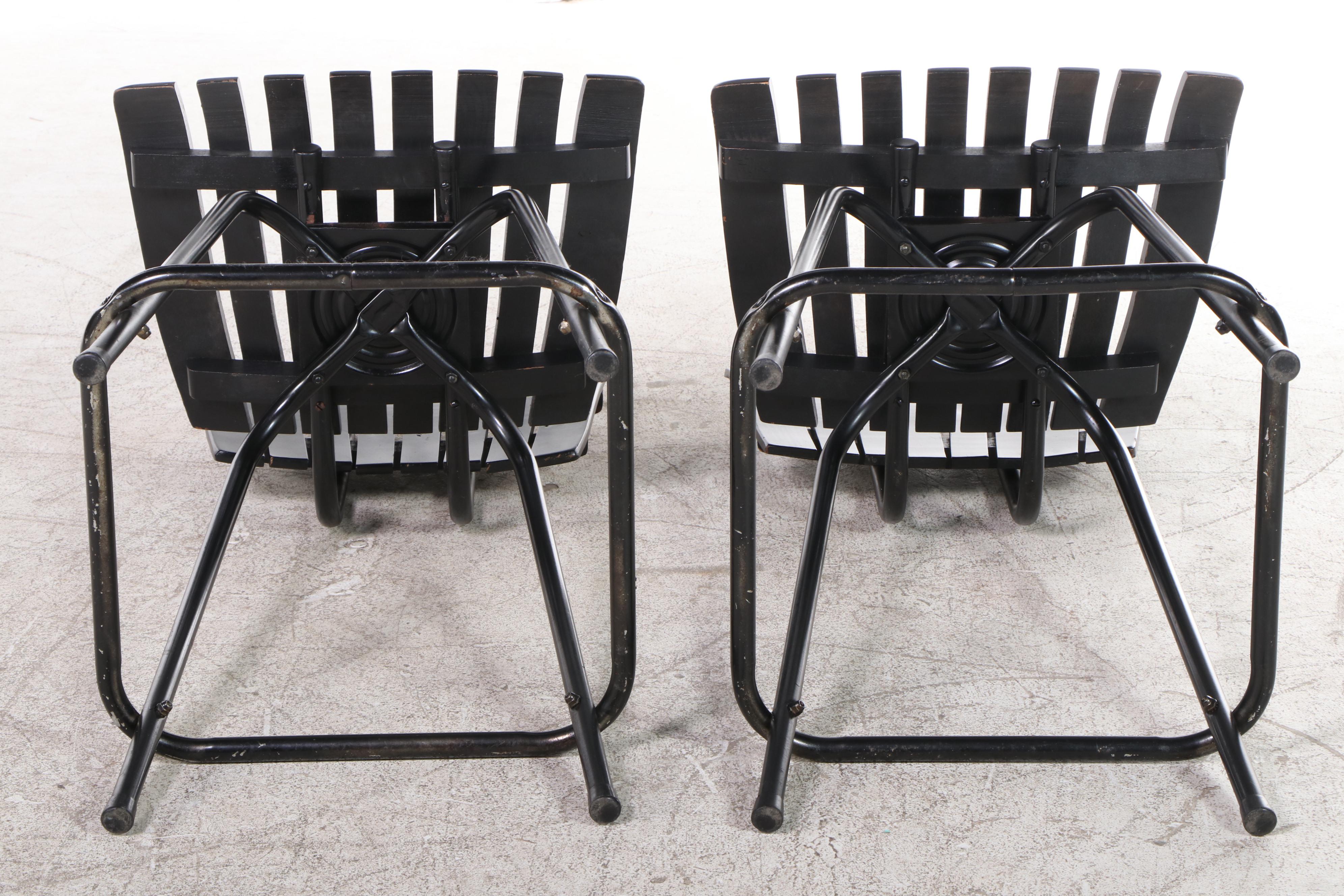 Pair of Modernist Style Slatted Metal Swivel Seat Counter-Height Barstools