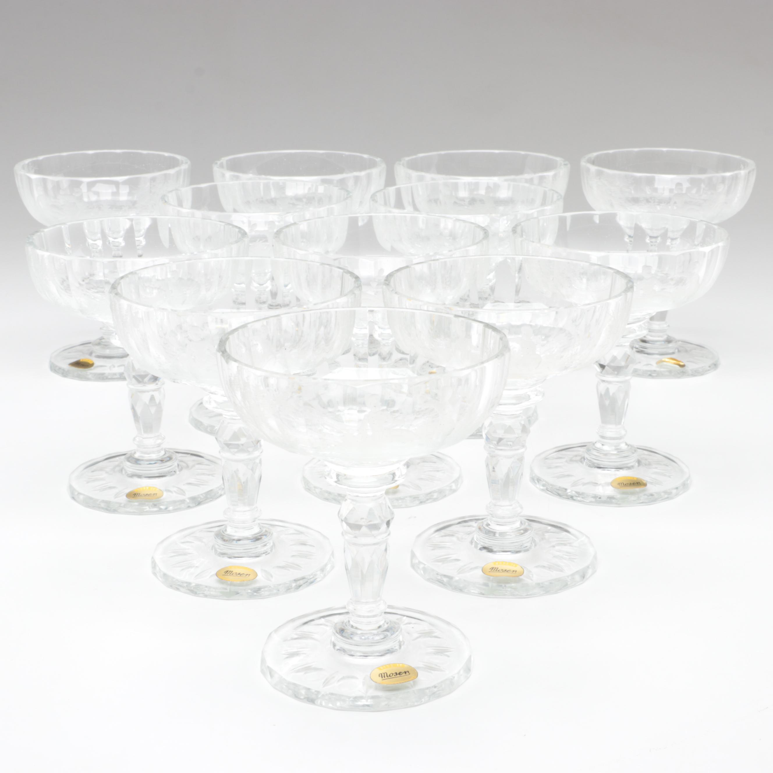 Moser "Maria Theresa" Engraved Czech Crystal Champagne Coupes and Dessert Plates