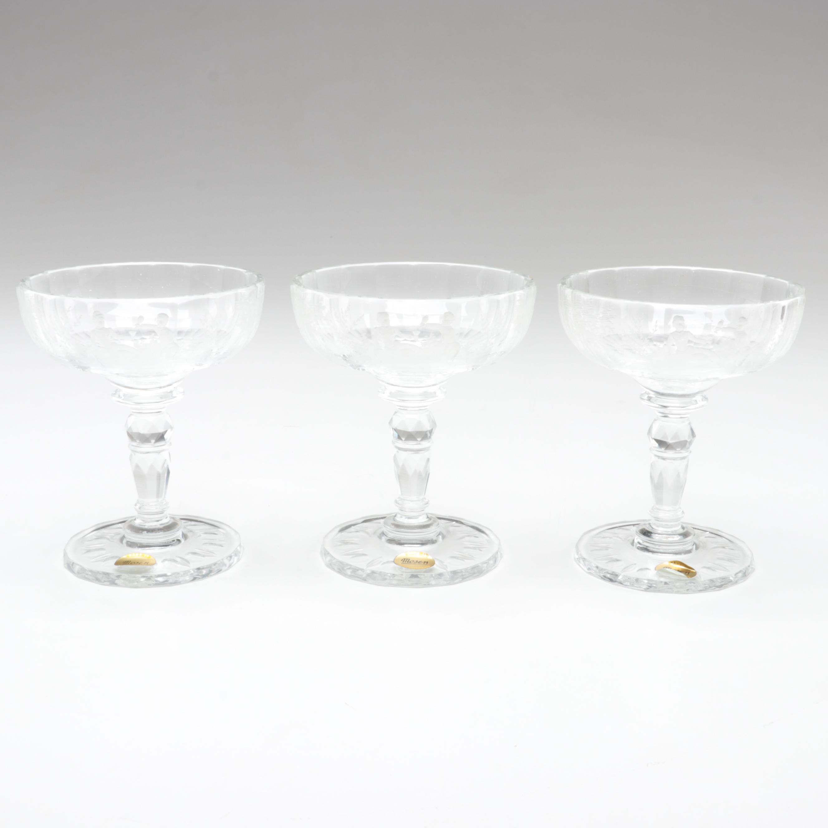 Moser "Maria Theresa" Engraved Czech Crystal Champagne Coupes and Dessert Plates