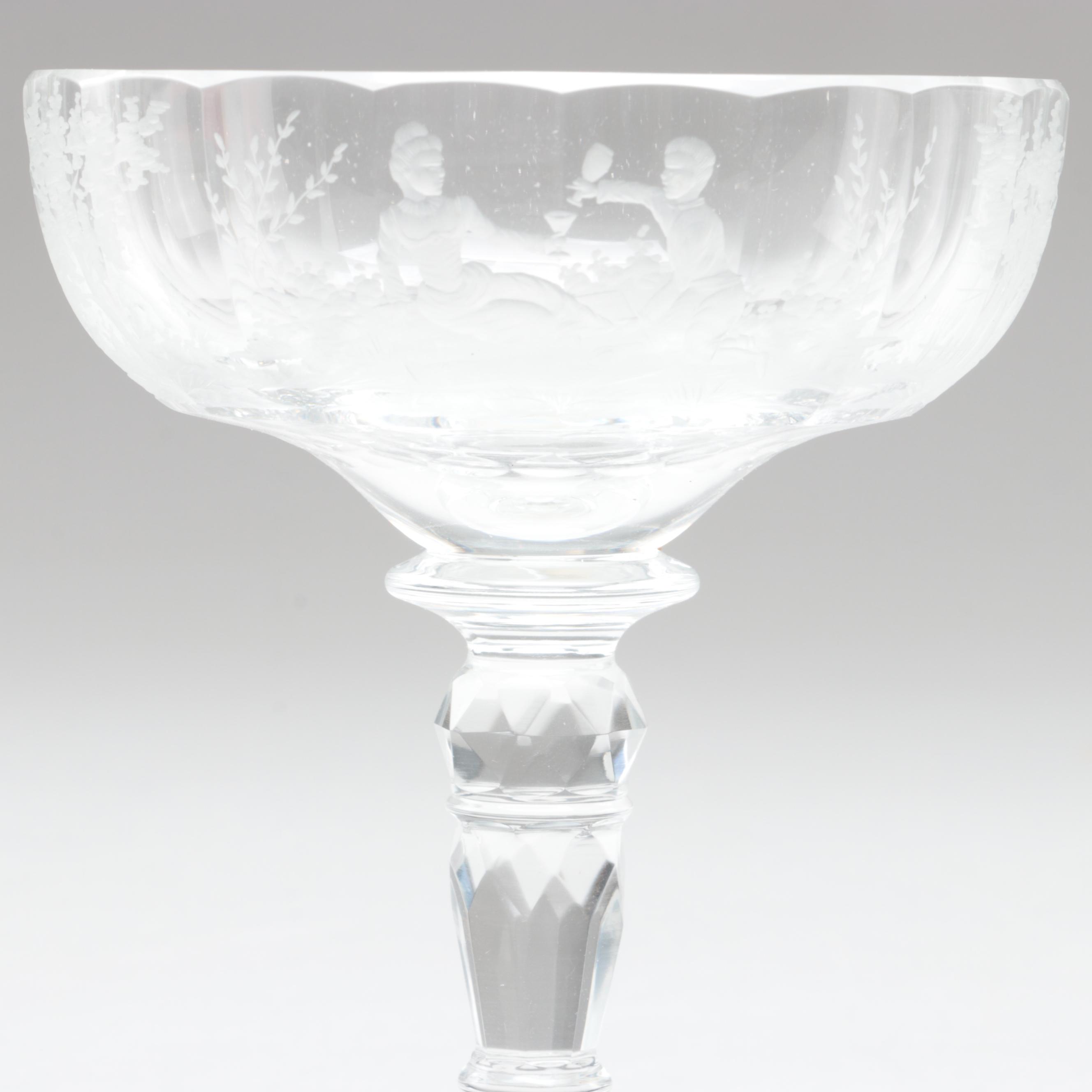 Moser "Maria Theresa" Engraved Czech Crystal Champagne Coupes and Dessert Plates