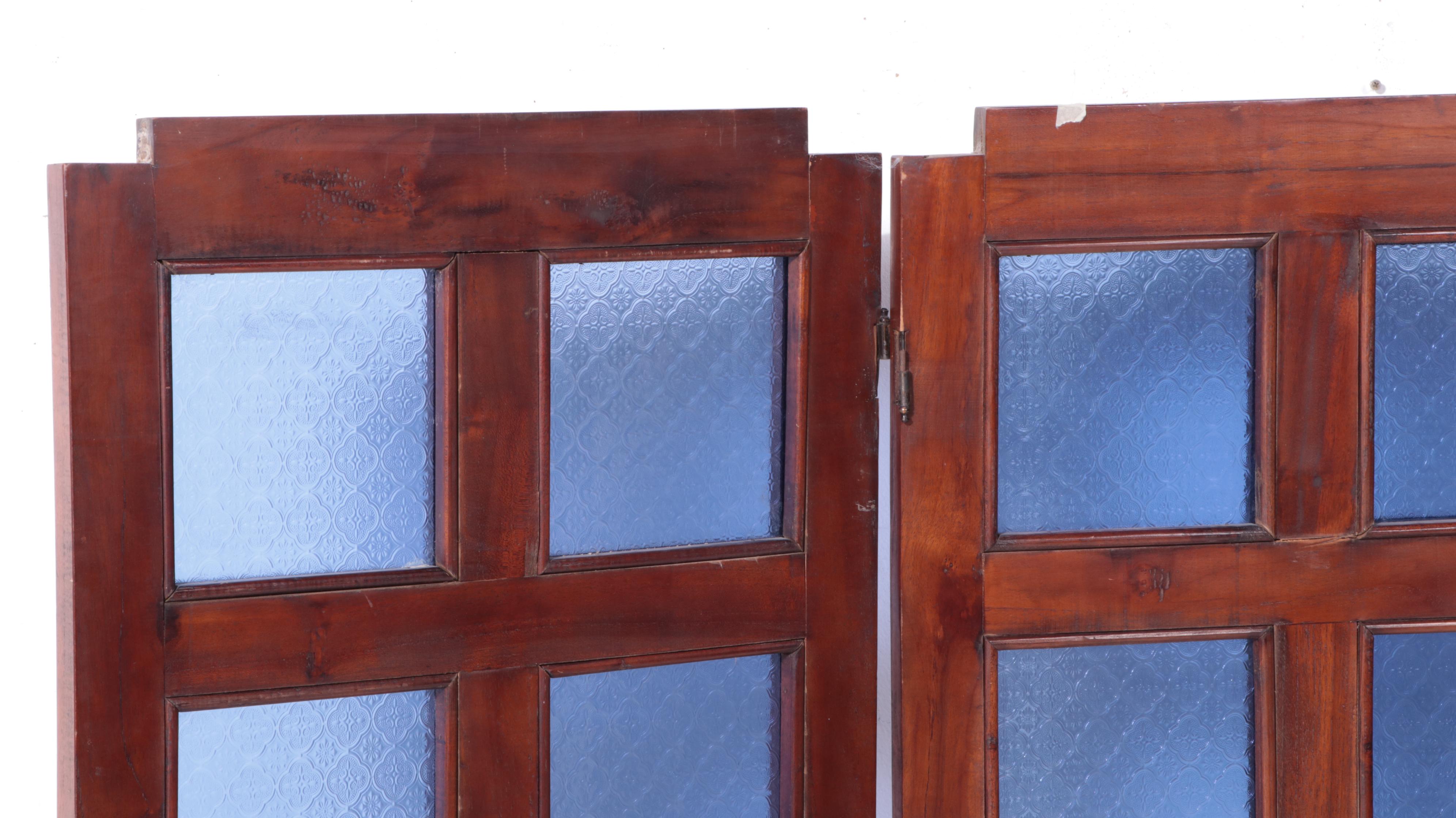 Edwardian Pressed Glass and Wood Three-Panel Room Screen