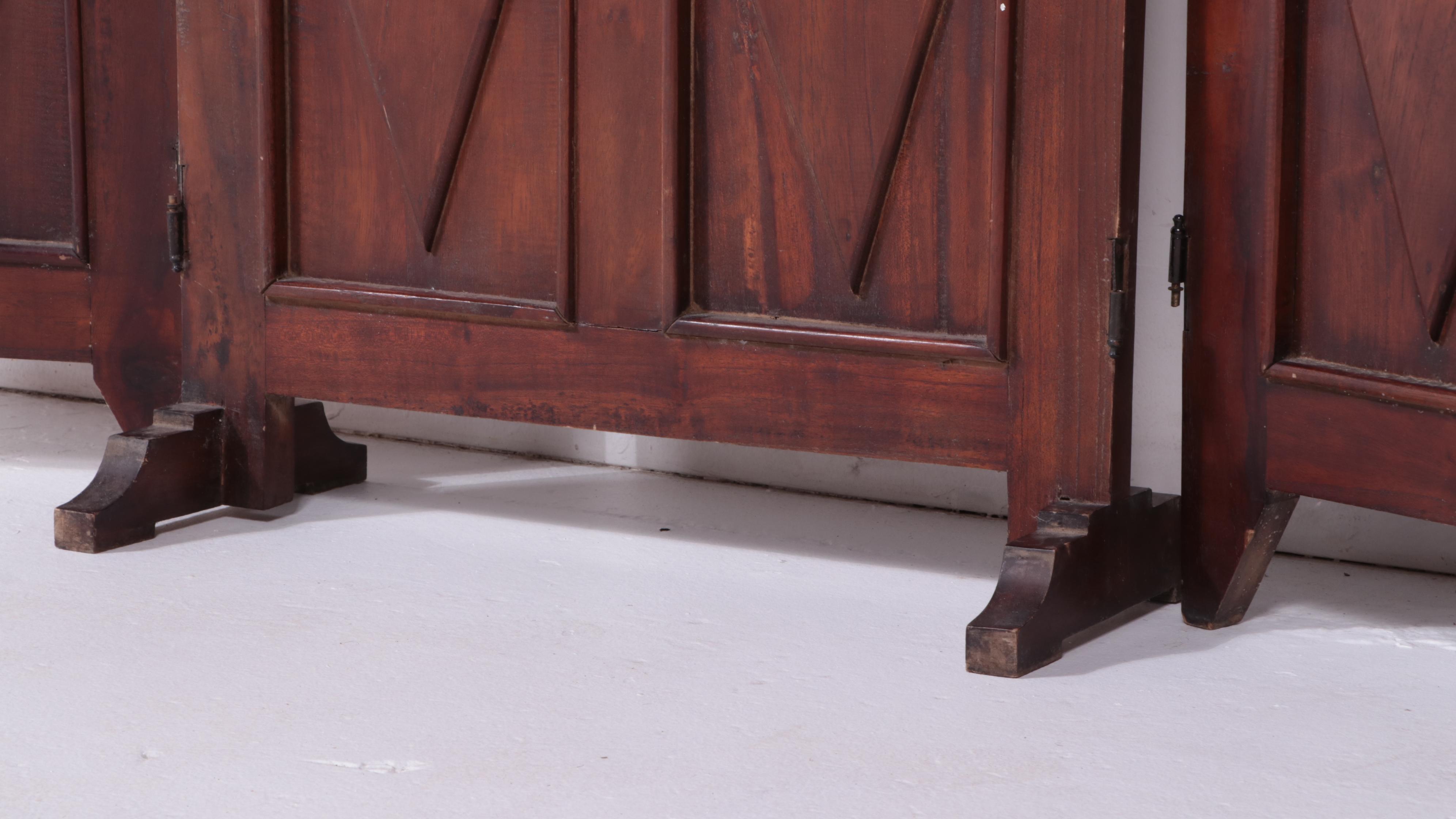 Edwardian Pressed Glass and Wood Three-Panel Room Screen