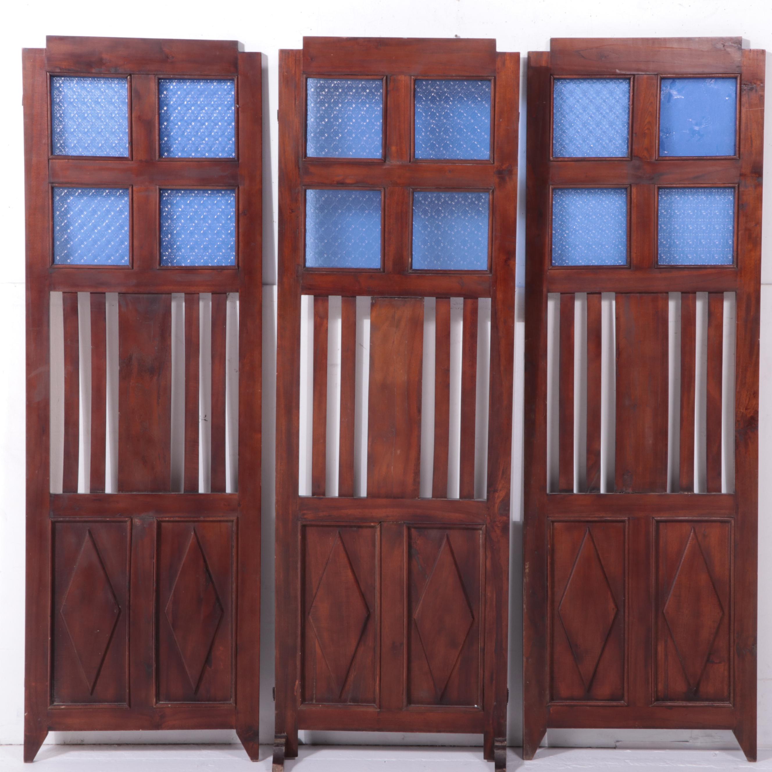 Edwardian Pressed Glass and Wood Three-Panel Room Screen