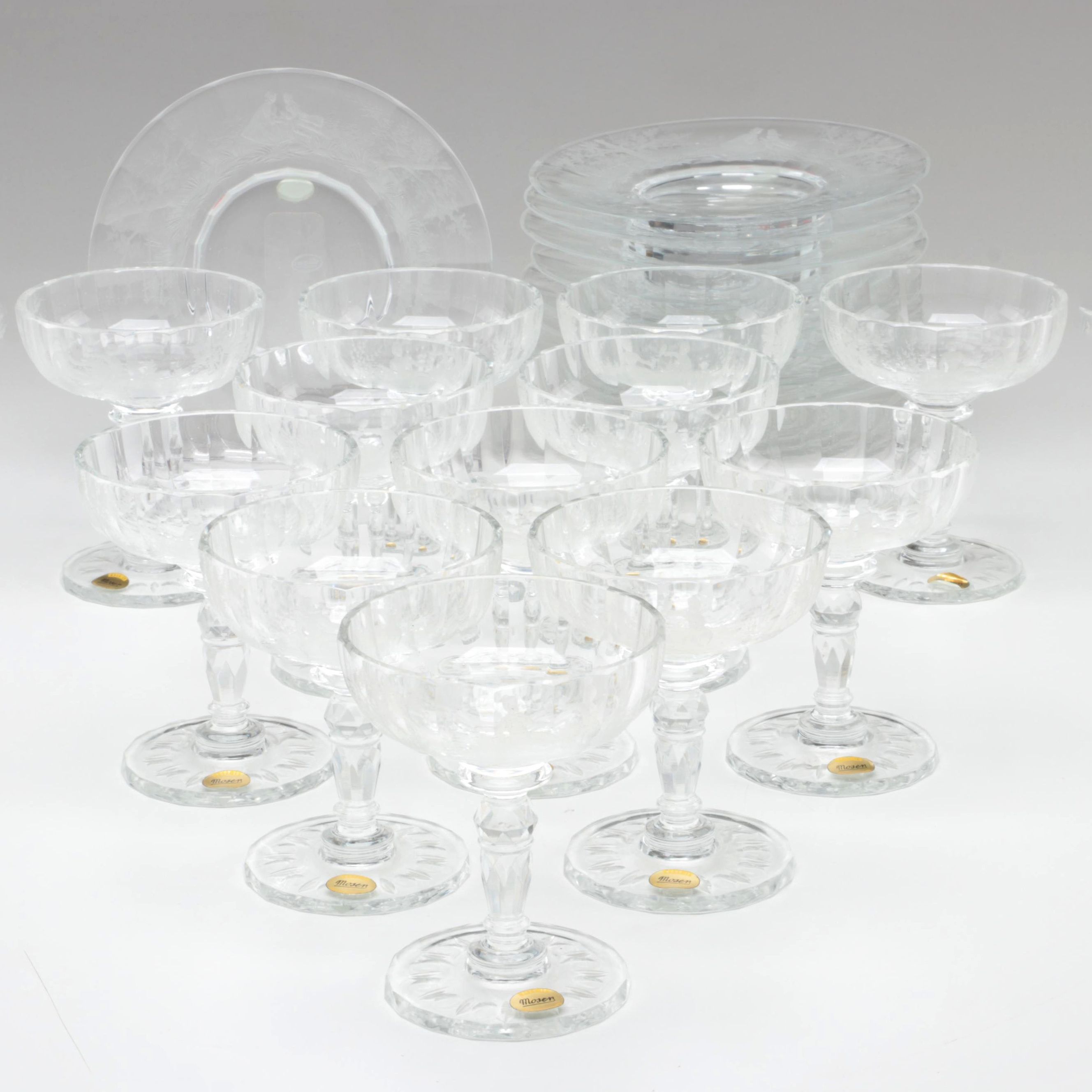 Moser "Maria Theresa" Engraved Czech Crystal Champagne Coupes and Dessert Plates