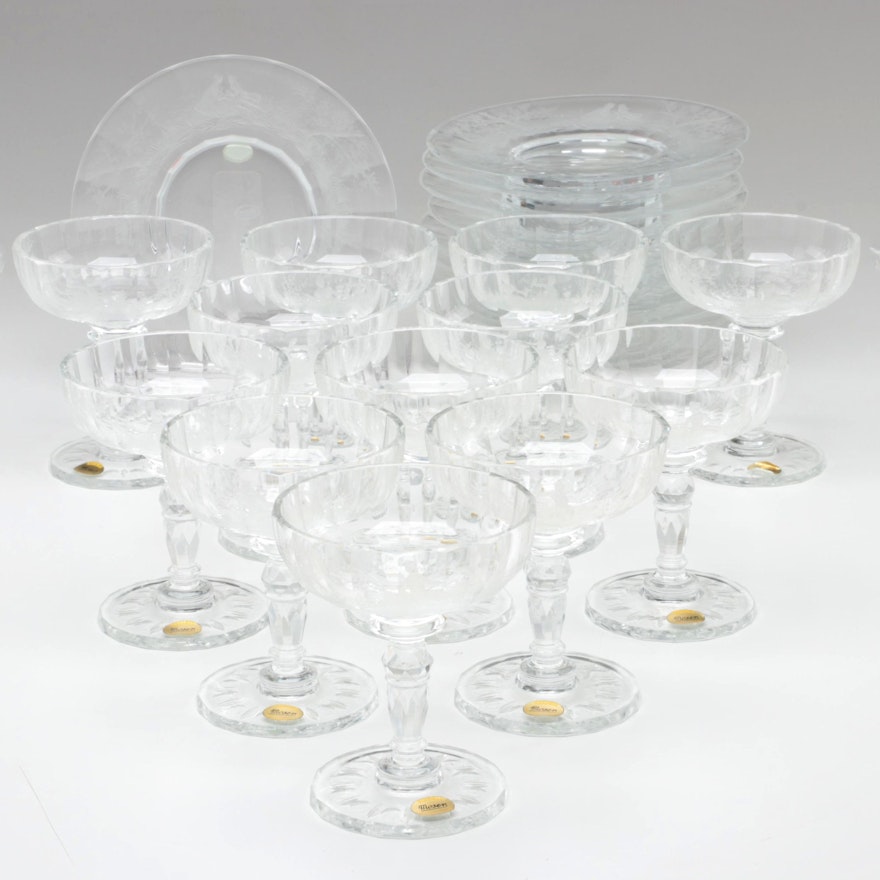 Moser "Maria Theresa" Engraved Czech Crystal Champagne Coupes and Dessert Plates