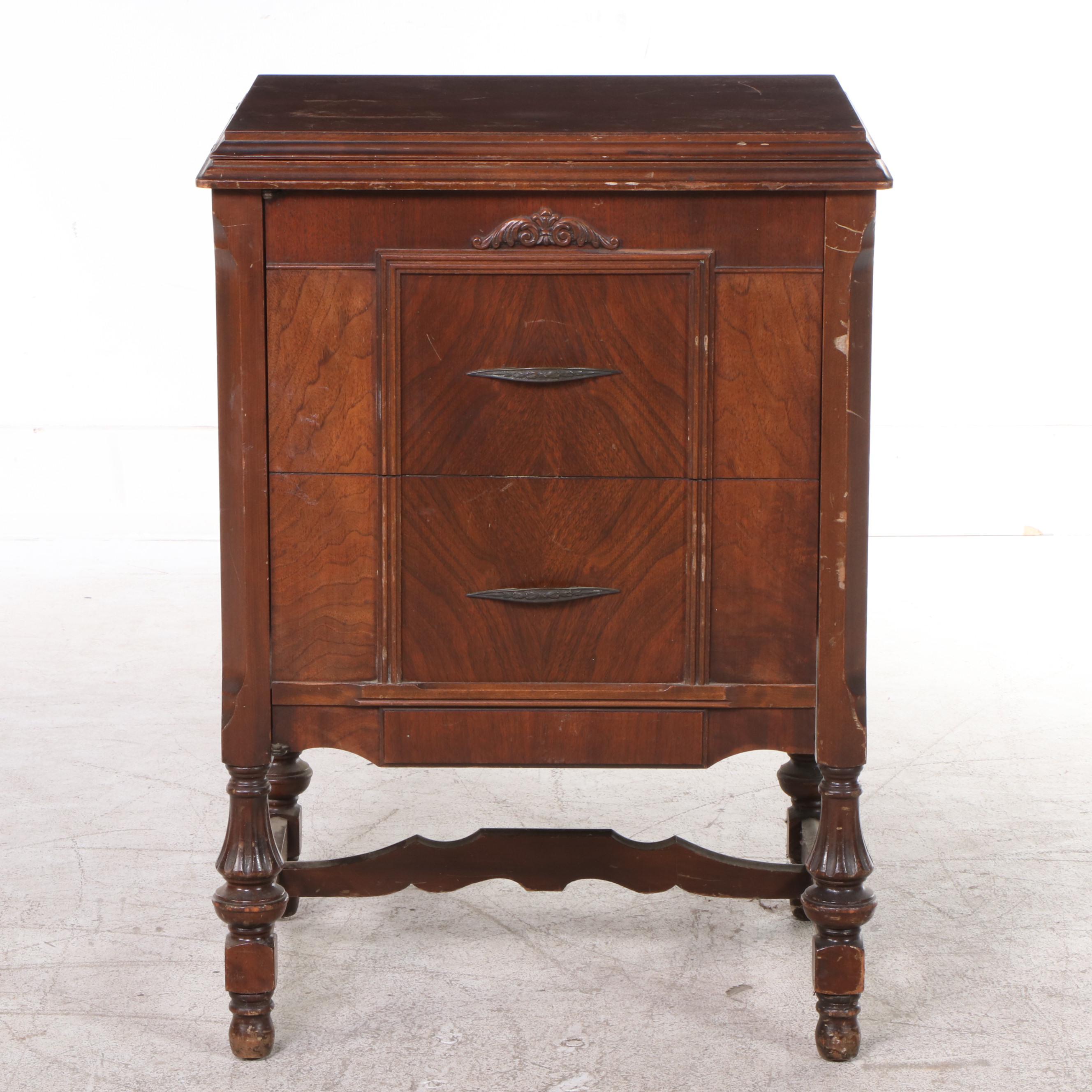 Jacobean Style Walnut Sewing Cabinet with White Rotary Machine
