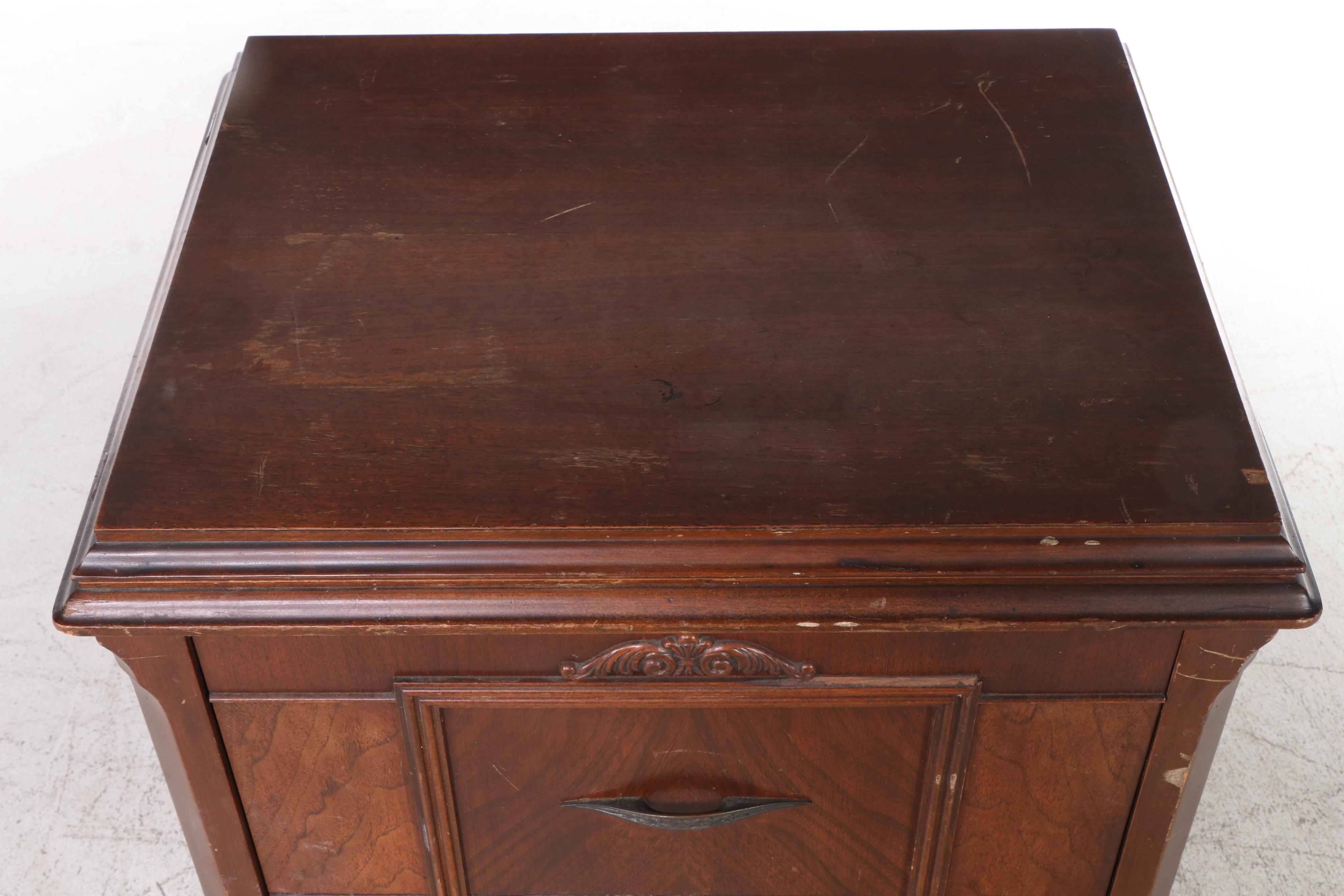 Jacobean Style Walnut Sewing Cabinet with White Rotary Machine