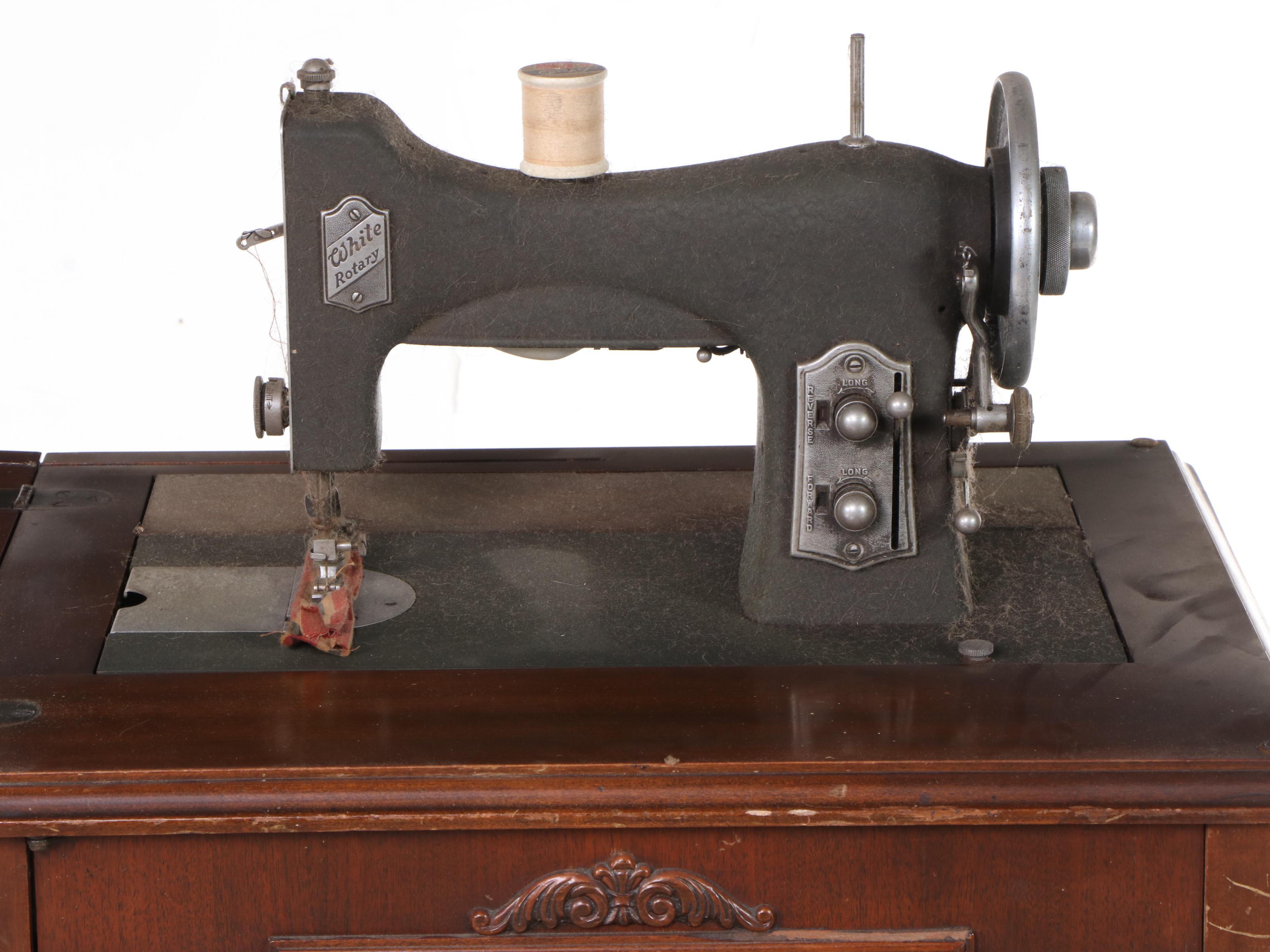 Jacobean Style Walnut Sewing Cabinet with White Rotary Machine