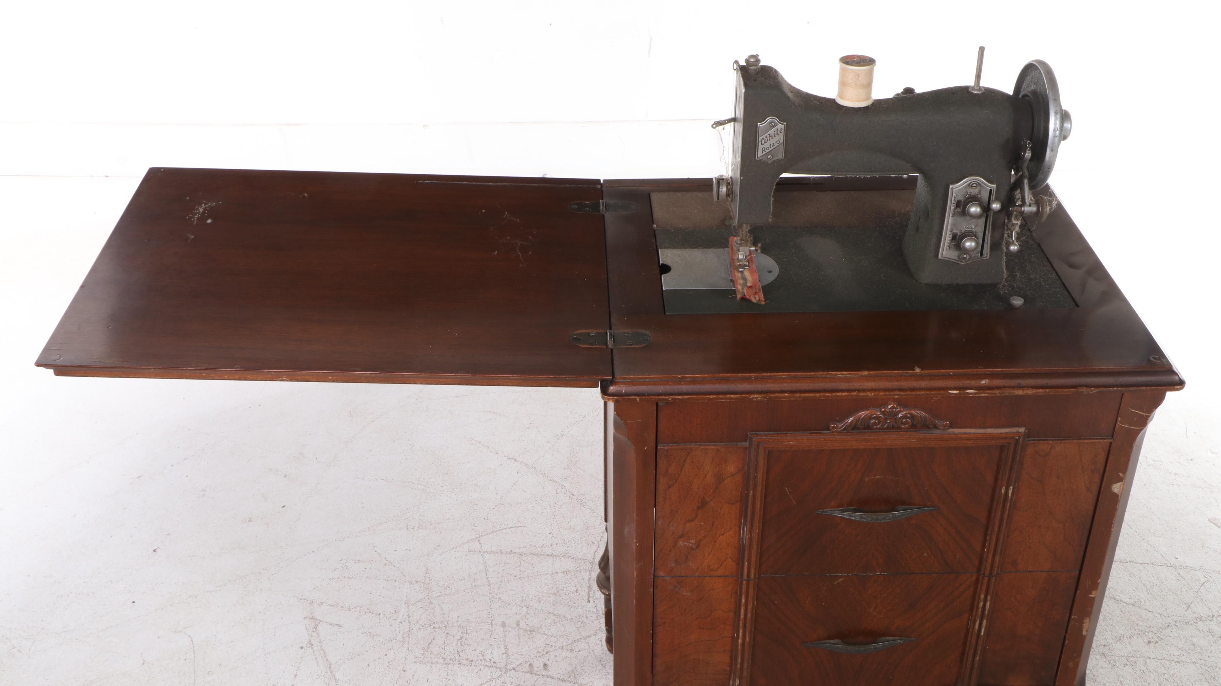 Jacobean Style Walnut Sewing Cabinet with White Rotary Machine