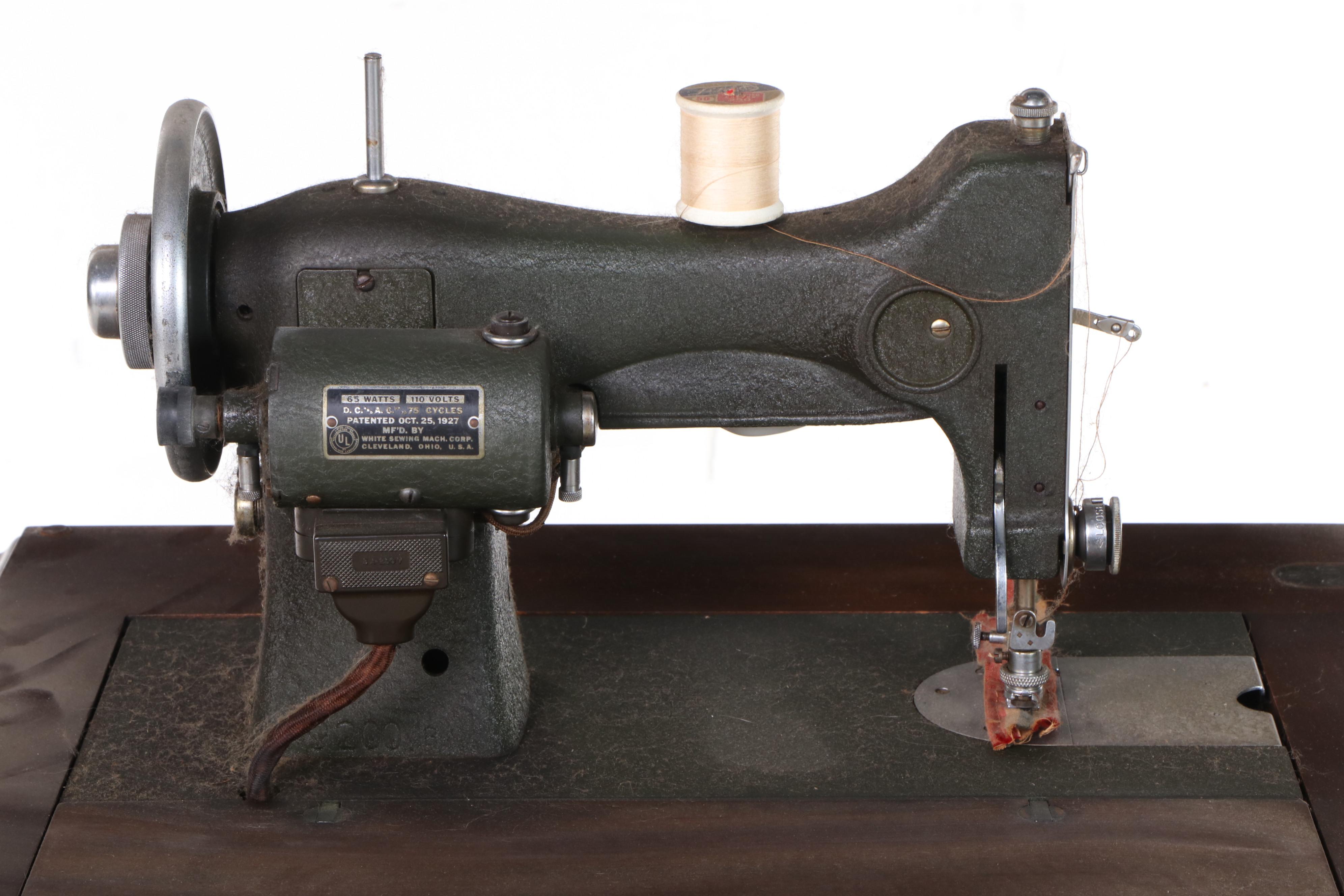 Jacobean Style Walnut Sewing Cabinet with White Rotary Machine