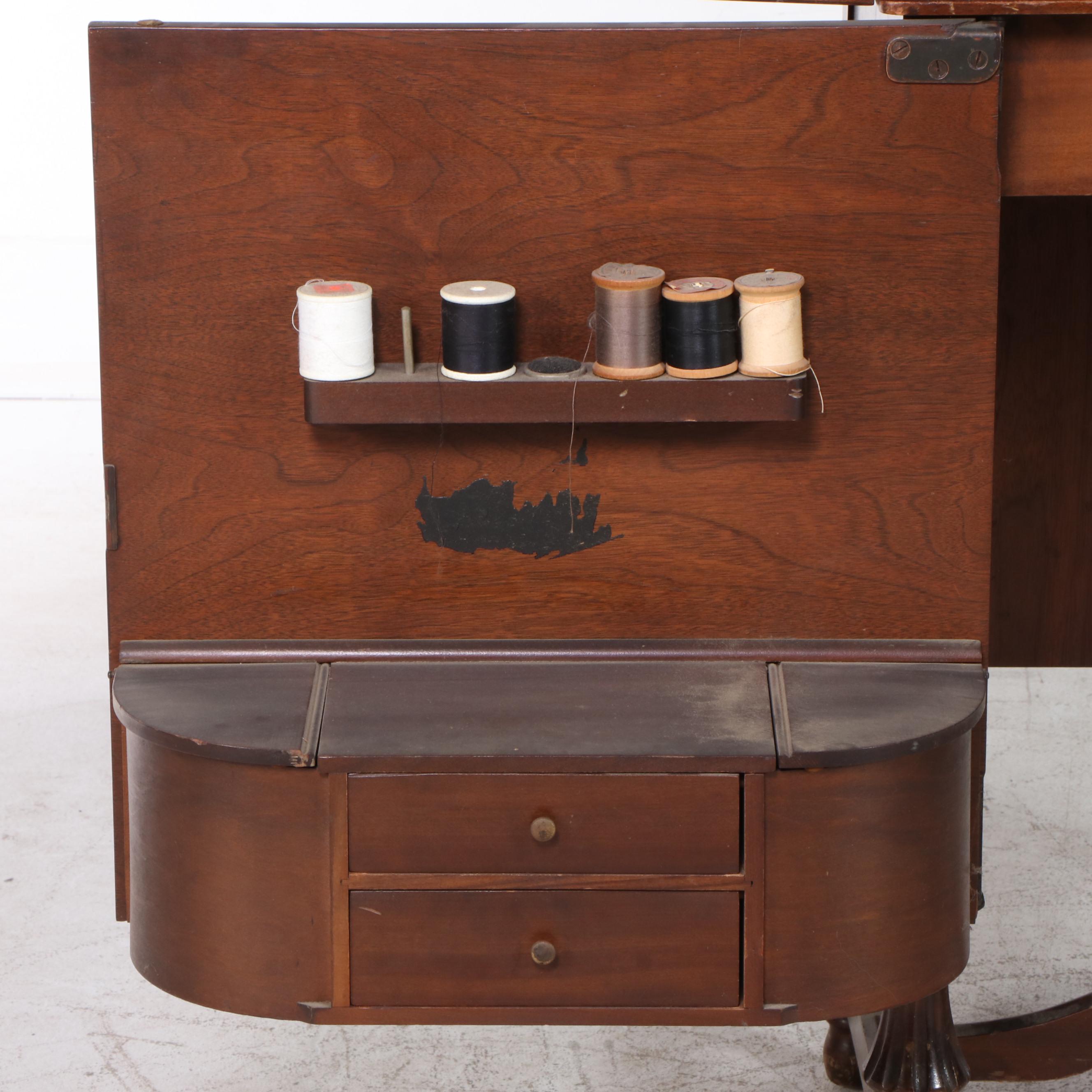 Jacobean Style Walnut Sewing Cabinet with White Rotary Machine