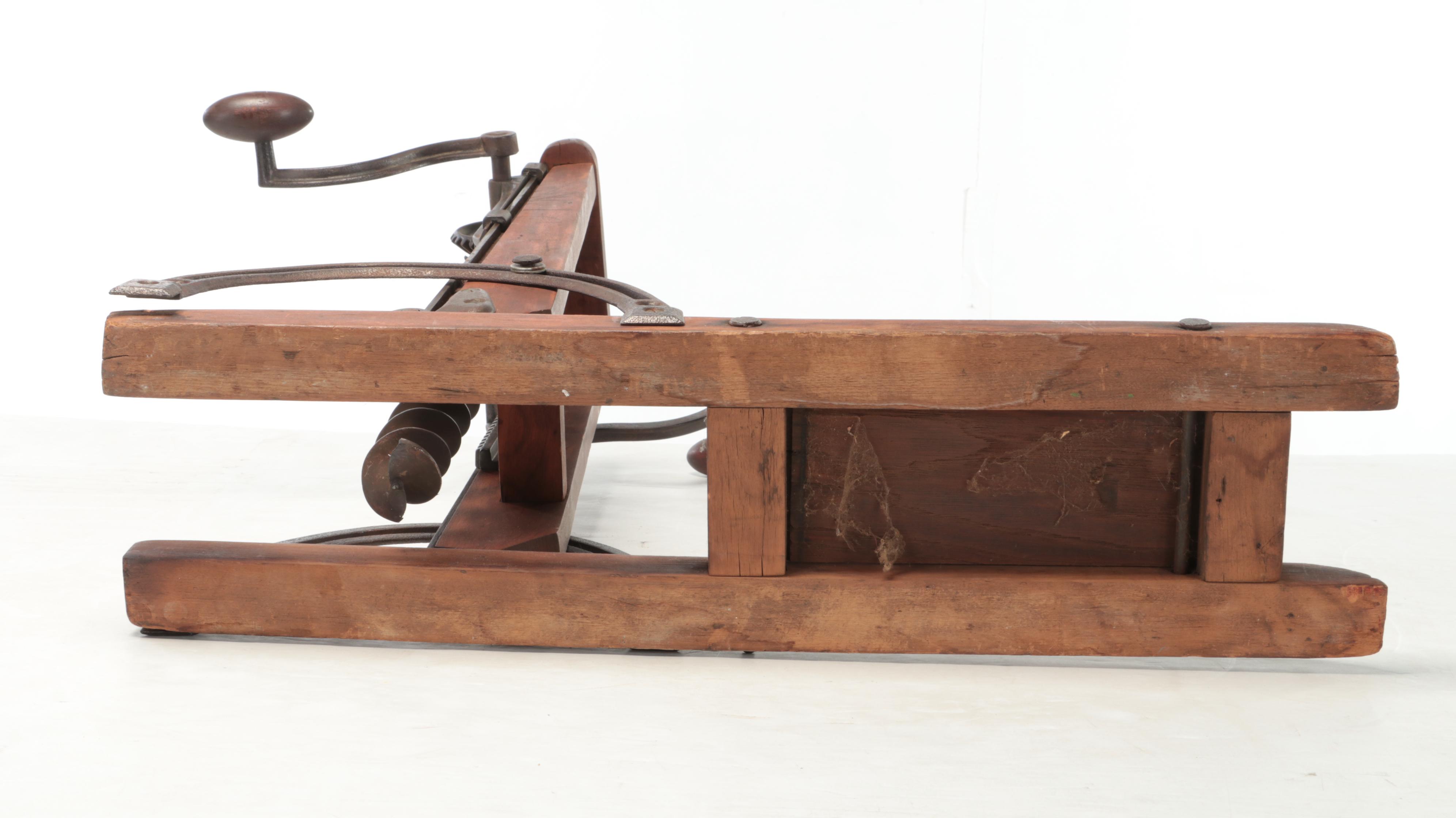 Primitive Wood and Metal Beam Drill Press, Antique