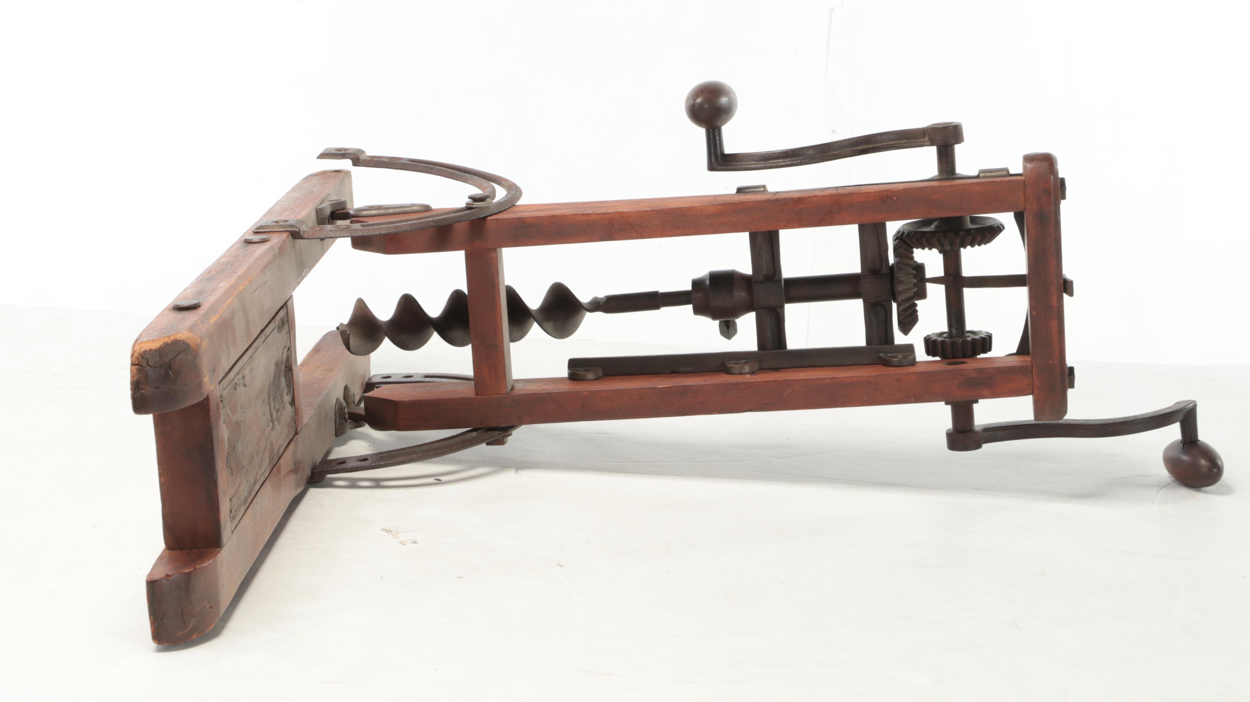 Primitive Wood and Metal Beam Drill Press, Antique