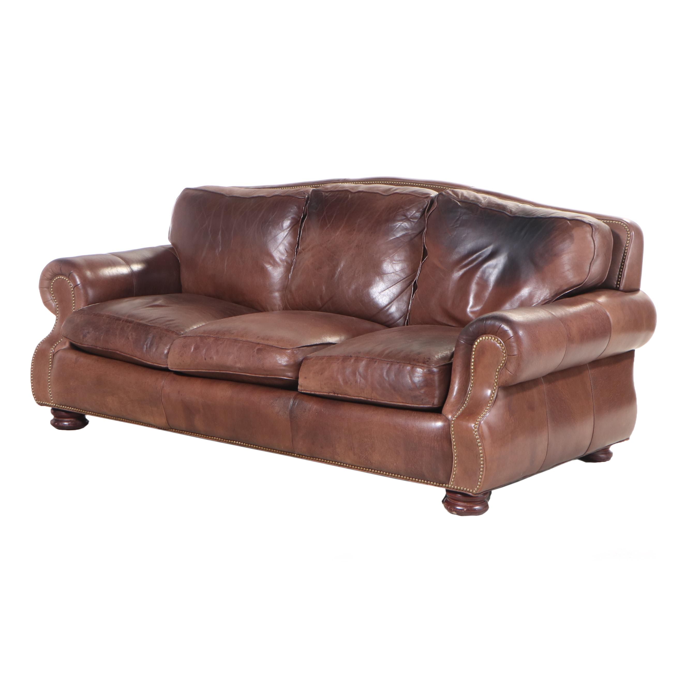 Hancock & Moore Brown Leather Roll-Arm Sofa with Nailhead Trim