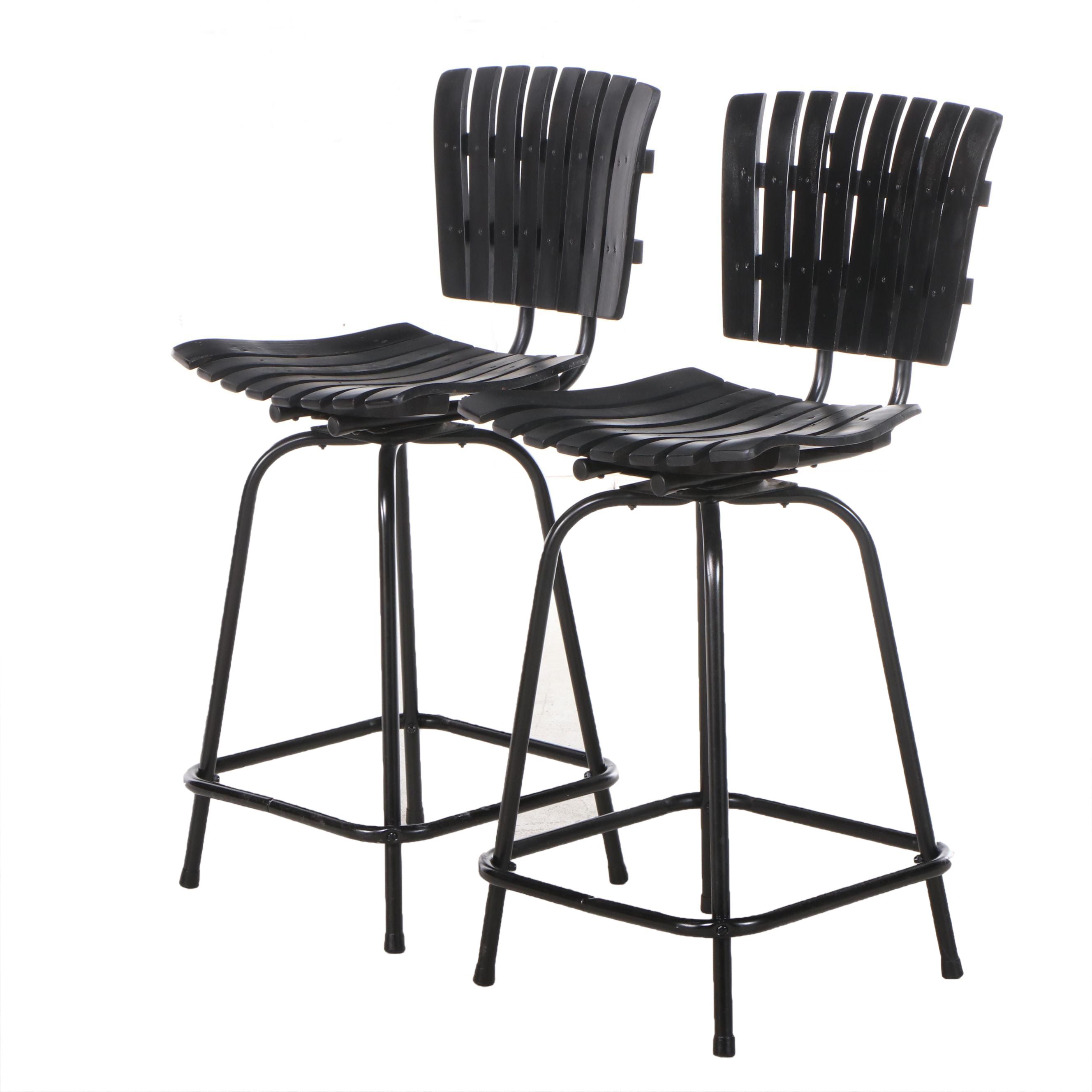 Pair of Modernist Style Slatted Metal Swivel Seat Counter-Height Barstools