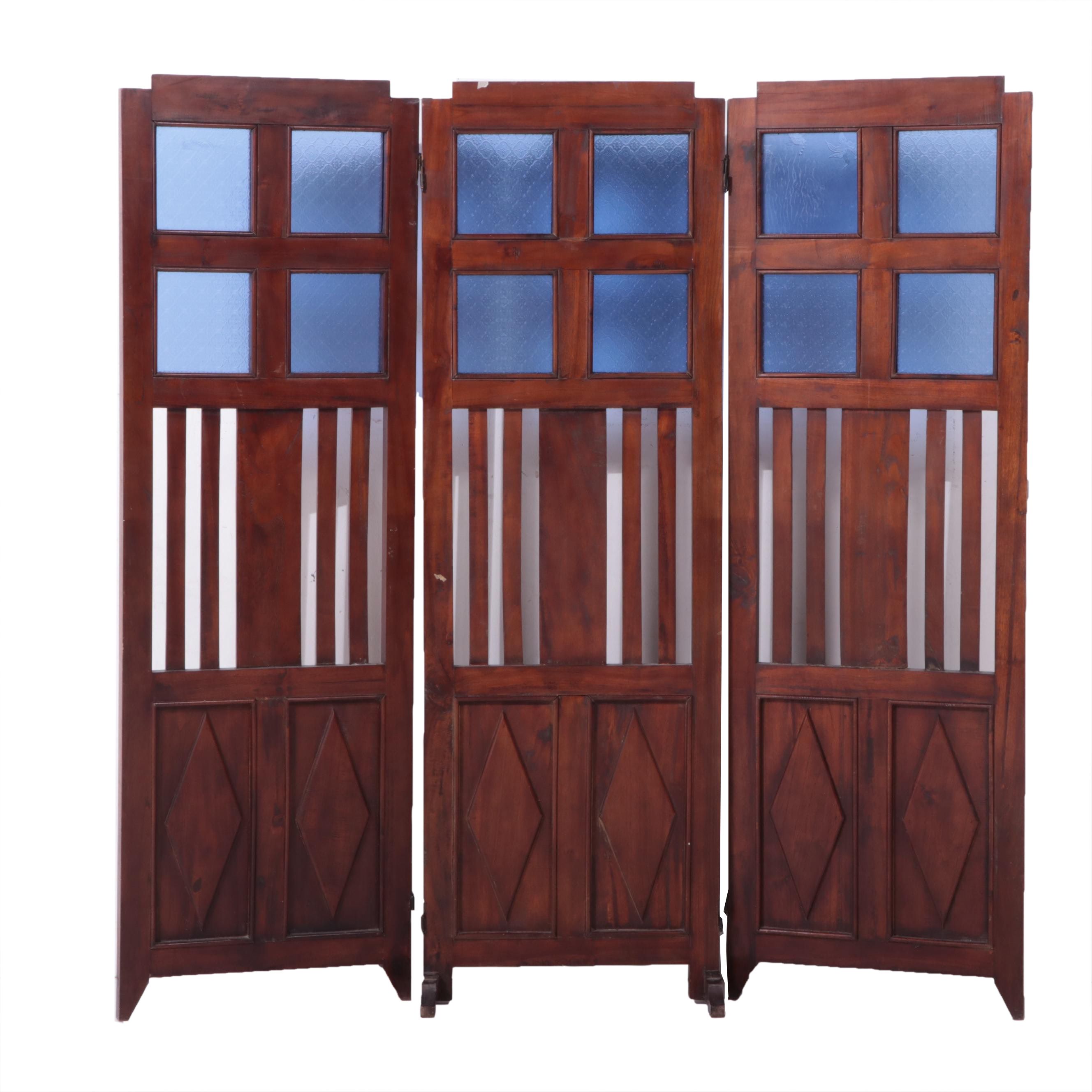 Edwardian Pressed Glass and Wood Three-Panel Room Screen