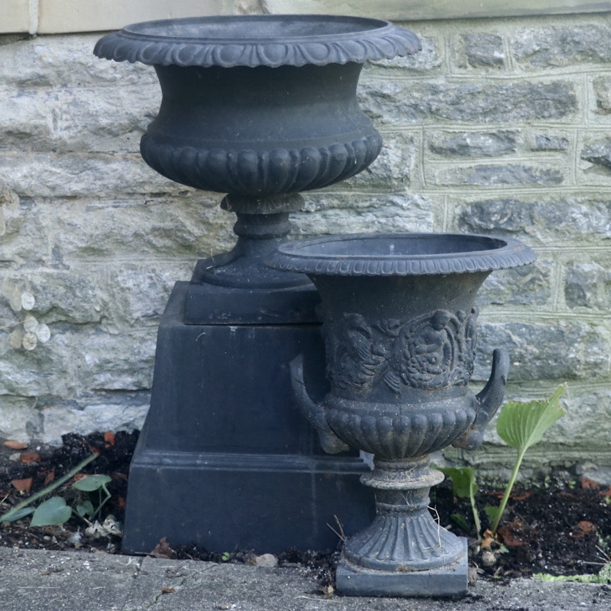 Cast Iron Gadrooned Planter with a Plinth and a Double Handled Cast Iron Planter