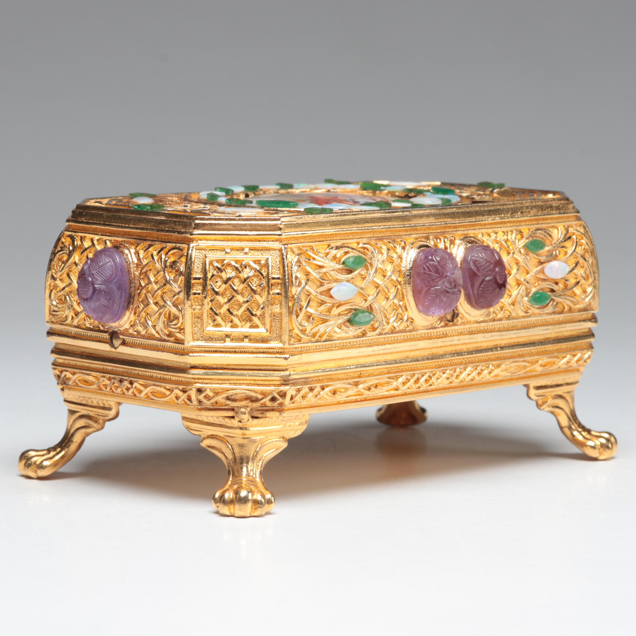 Sorrento Automaton Bird Music Box with Amethyst, Emerald, and Opal Accents