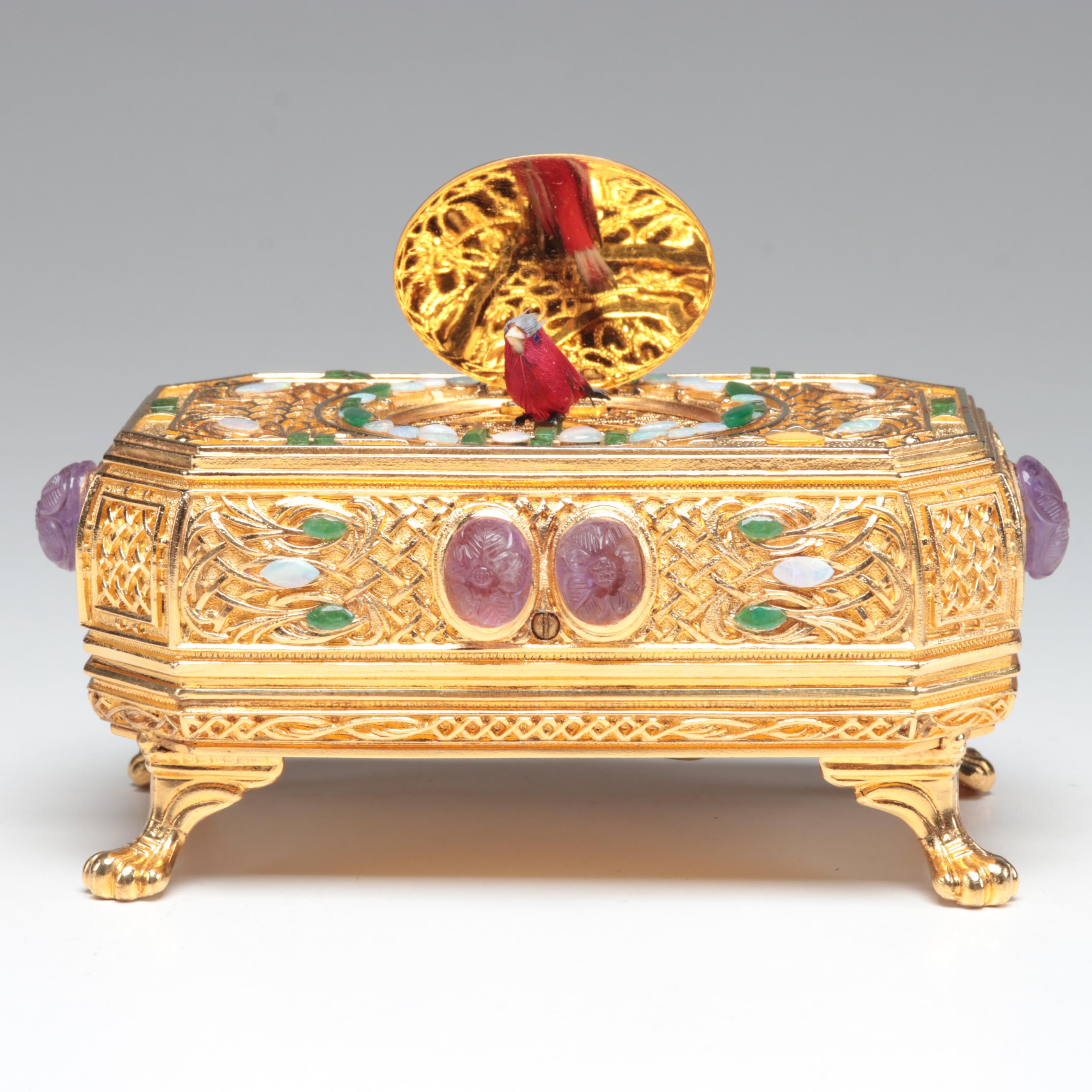 Sorrento Automaton Bird Music Box with Amethyst, Emerald, and Opal Accents