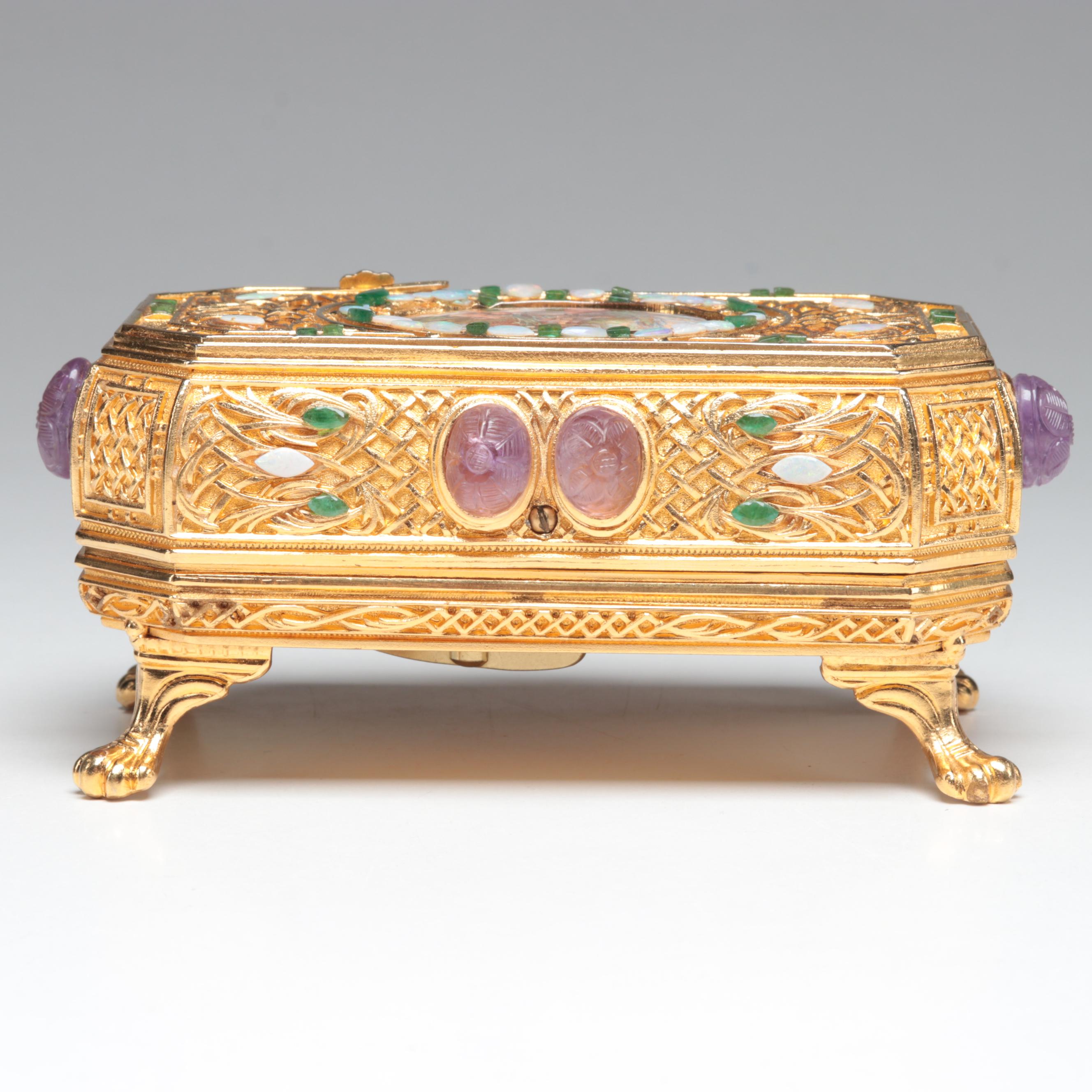 Sorrento Automaton Bird Music Box with Amethyst, Emerald, and Opal Accents