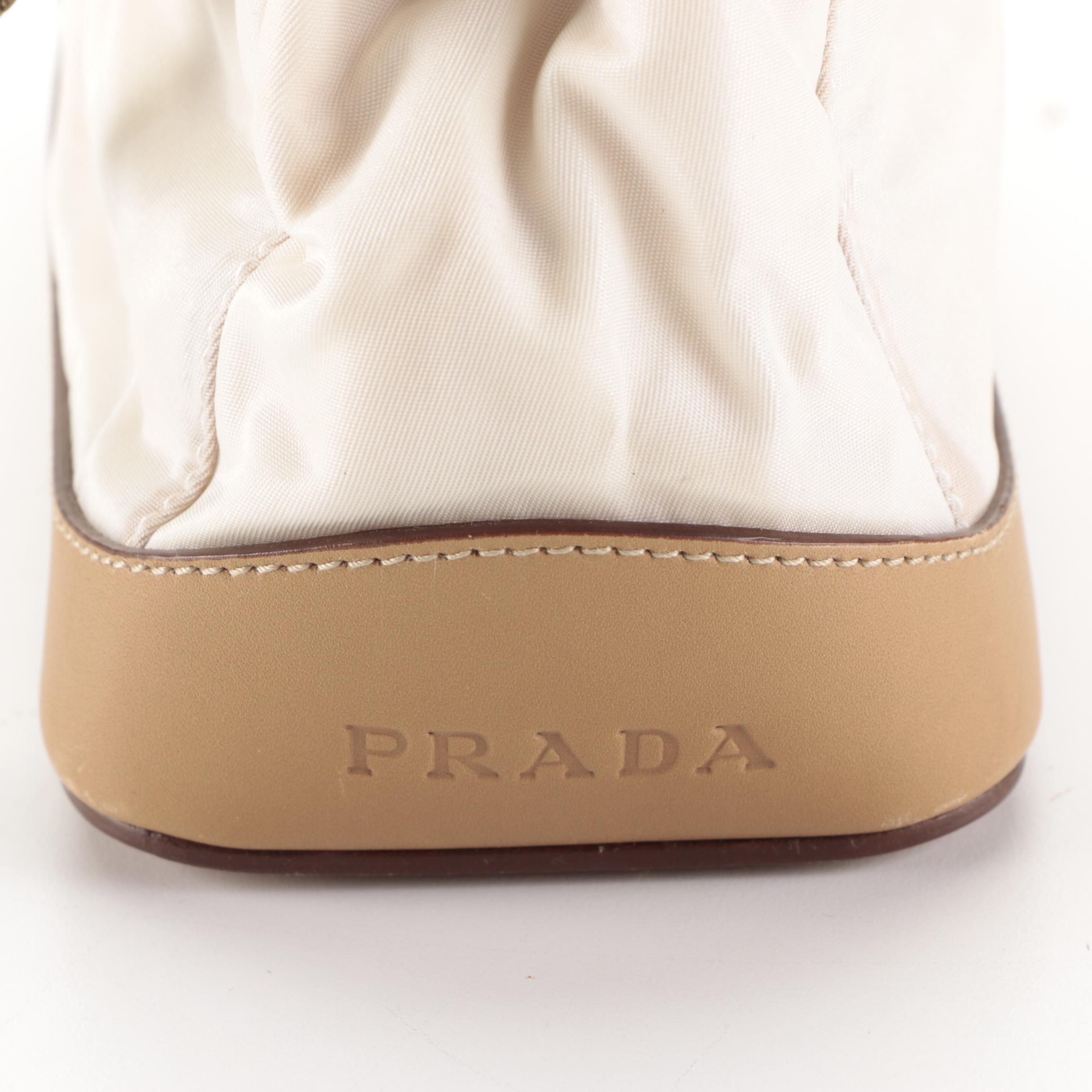 Prada Small Bauletto Shoulder Bag in Off-White Nylon Gabardine and Leather