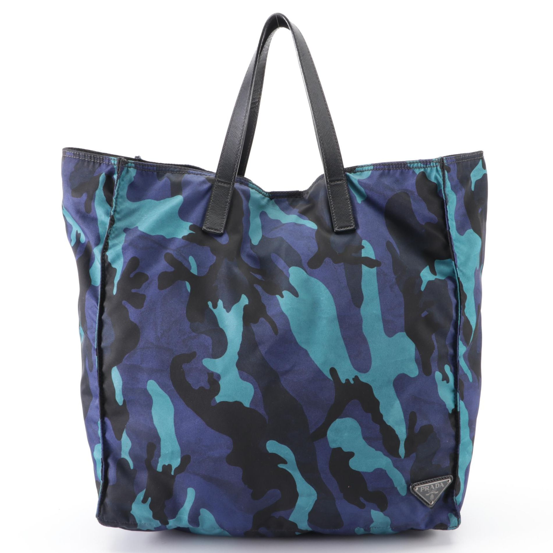 Prada Tote Bag in Blue Camo Print Nylon Gabardine/Saffiano Leather with Strap