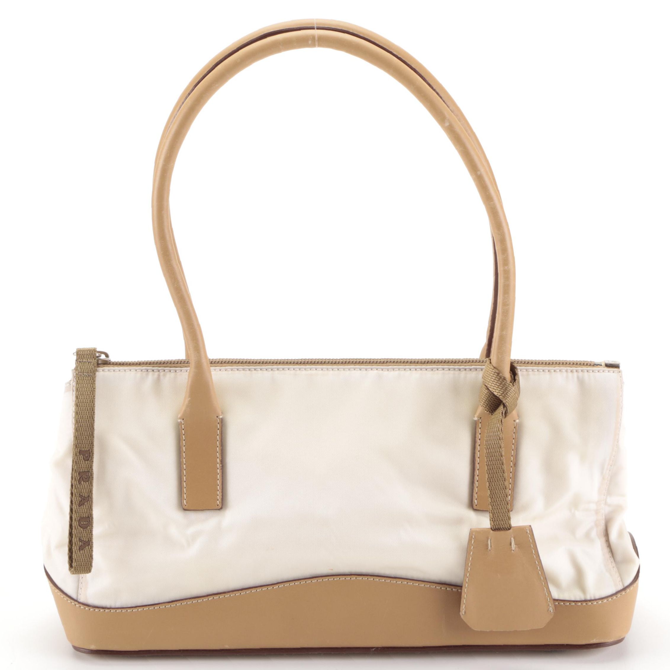 Prada Small Bauletto Shoulder Bag in Off-White Nylon Gabardine and Leather