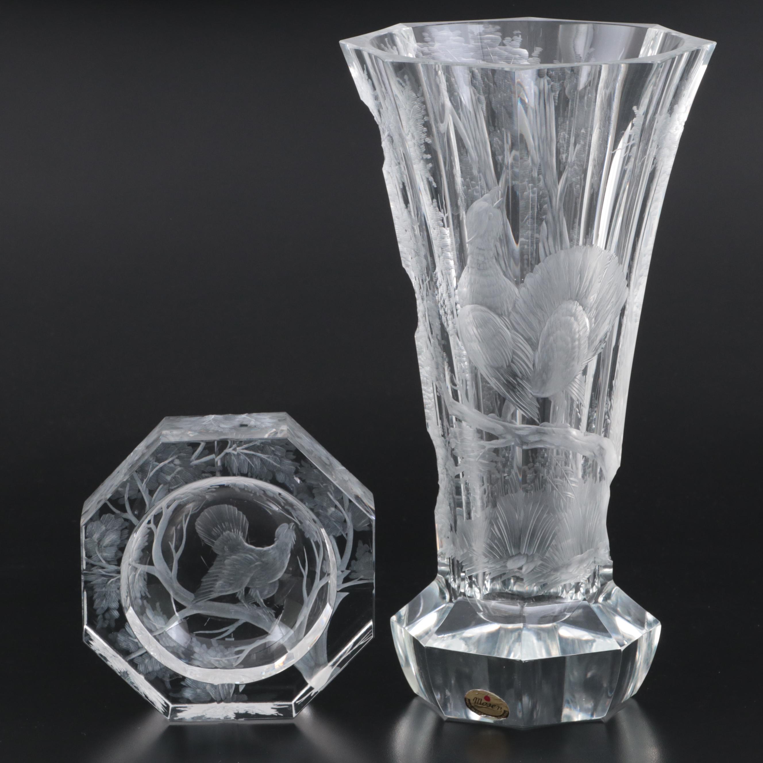 Konstantin Hable Jr. for Moser Tree with Bird Engraved Crystal Vase and Ashtray