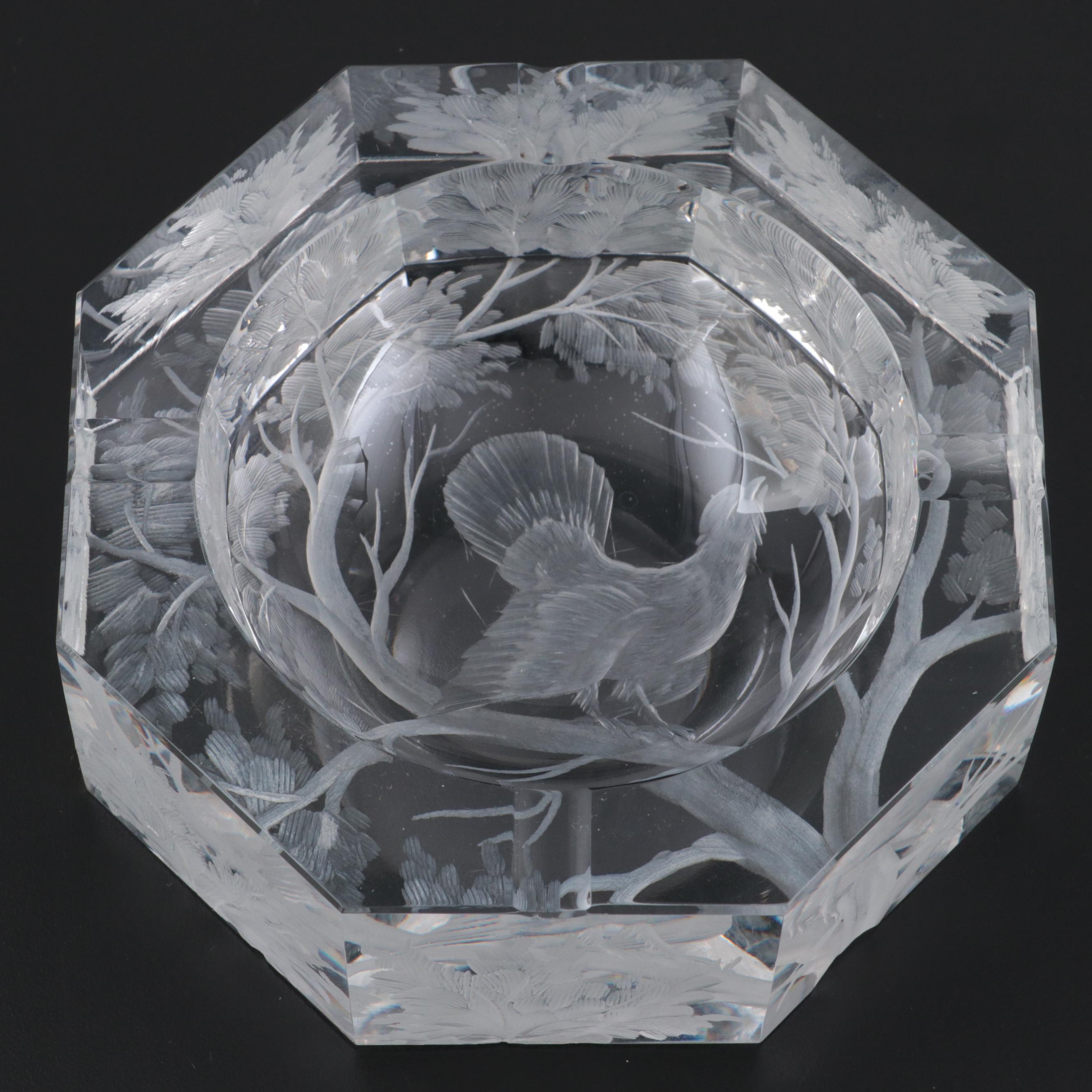 Konstantin Hable Jr. for Moser Tree with Bird Engraved Crystal Vase and Ashtray