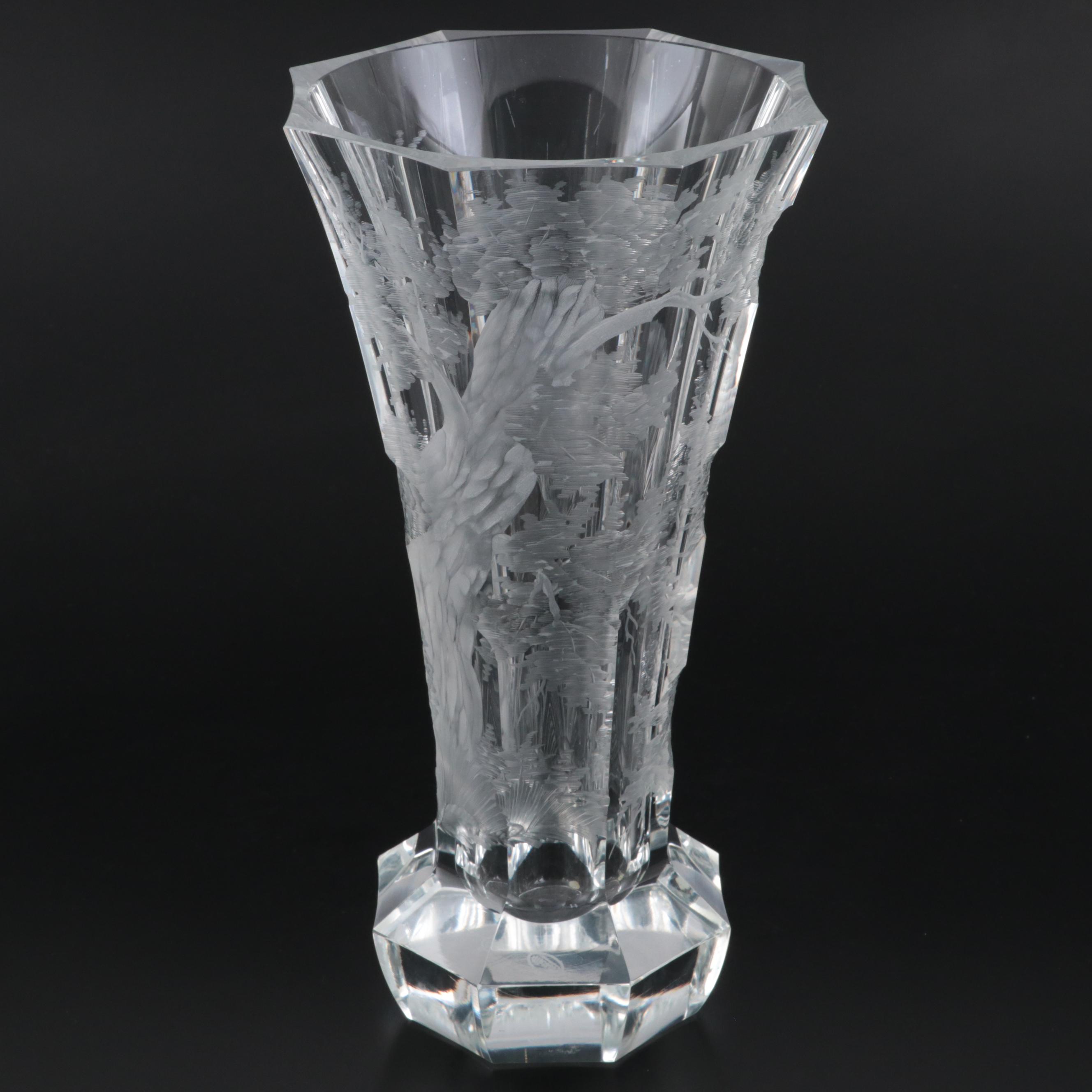 Konstantin Hable Jr. for Moser Tree with Bird Engraved Crystal Vase and Ashtray
