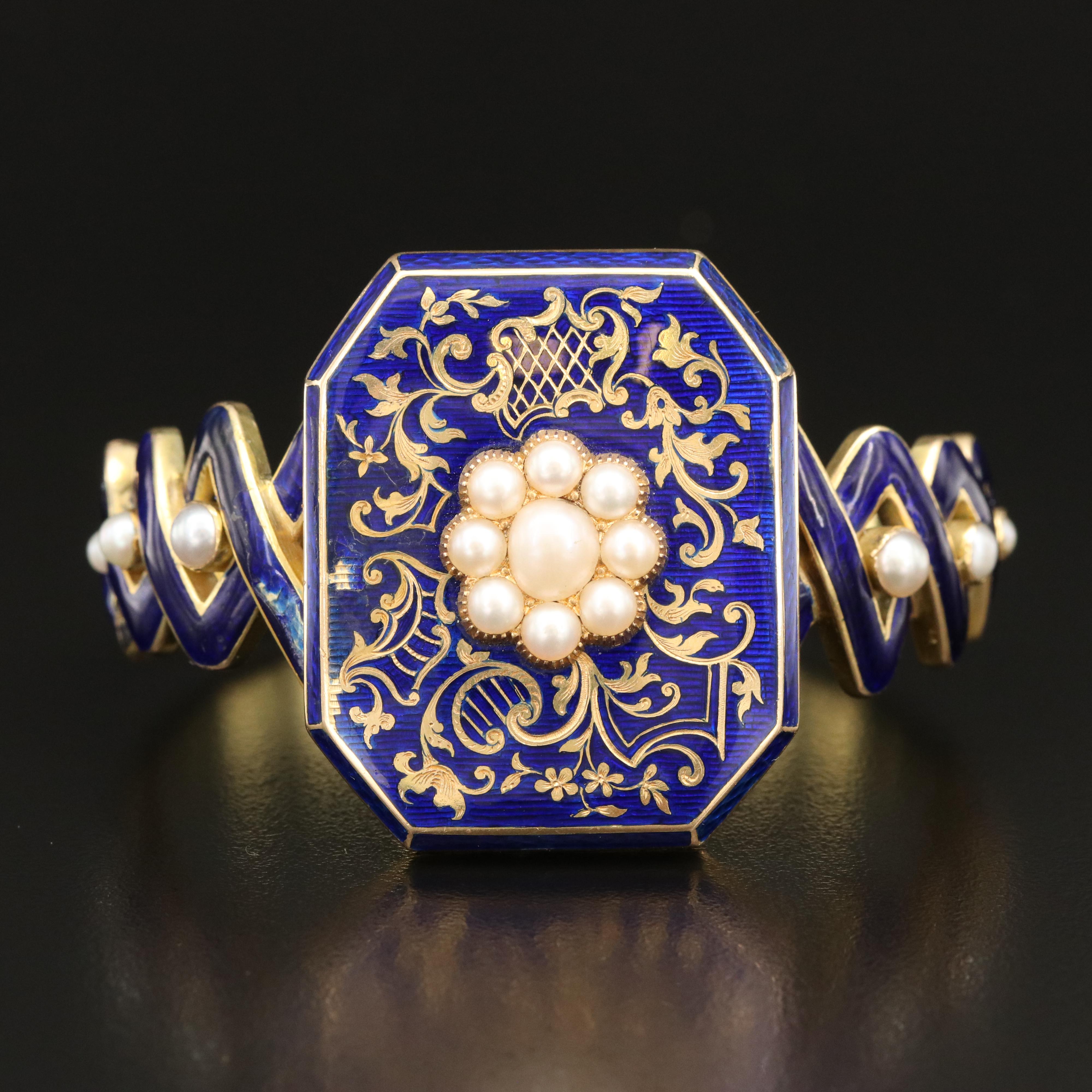 Victorian 18K Pearl and Enamel Mourning Locket Bracelet